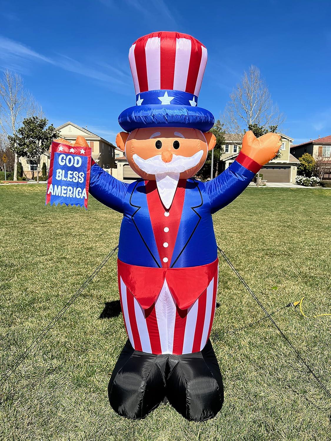 6 Foot Tall Lighted Patriotic Independence Day 4th of July Inflatable Uncle Sam with Flag Indoor / Outdoor Blow Up Holiday Yard Decoration