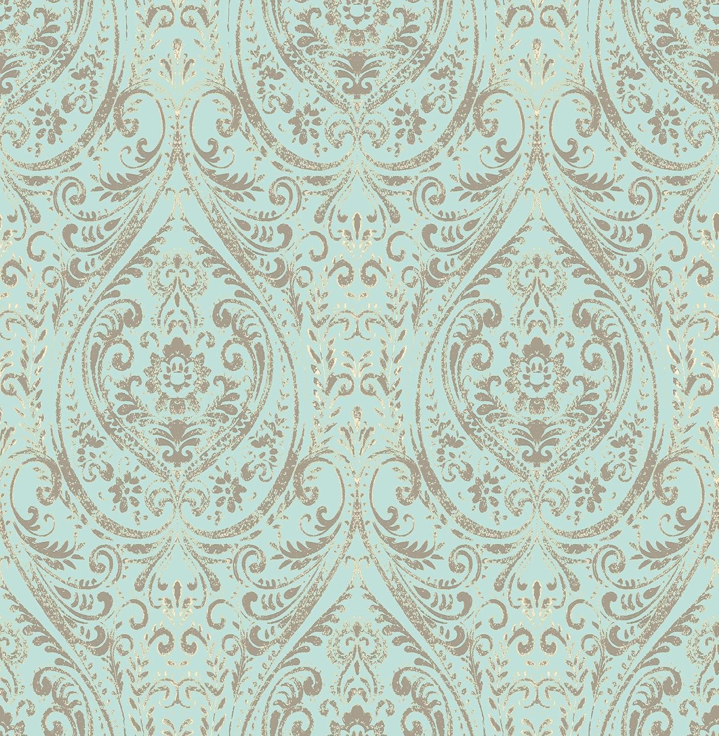 NuWallpaper Nomad Damask Peel & Stick Wallpaper: Removable, Self-Adhesive, Washable, Turquoise Blue, 30.75 Sq Ft Coverage