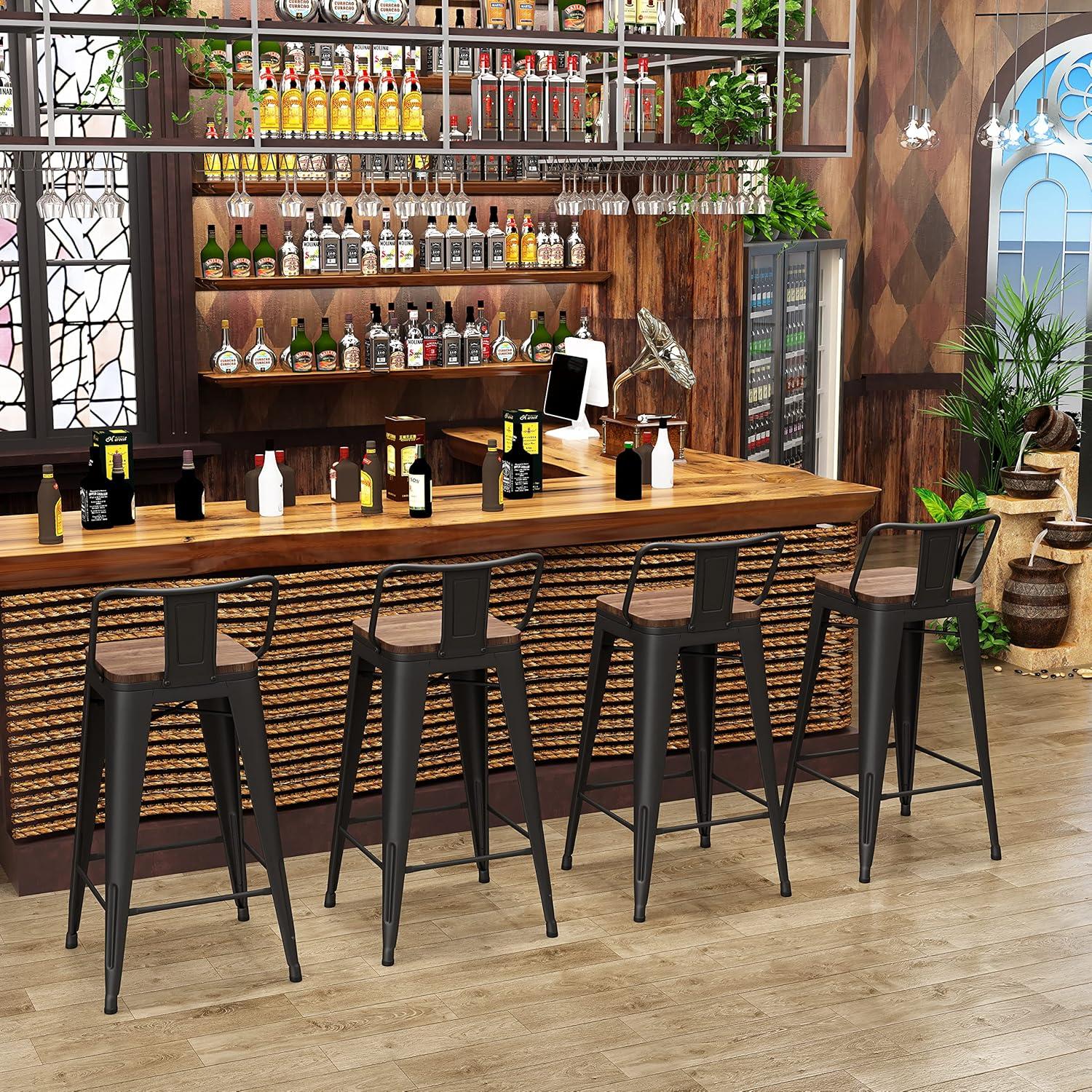 Killeryuki 24'' Metal Bar Stool 4PCS Low Back Conuter Stools for Indoor/Outdoor Barstools Metal Black Stools Bar Chairs w/Wooden Seat Metal Leg Industrial Counter Height Stools Black
