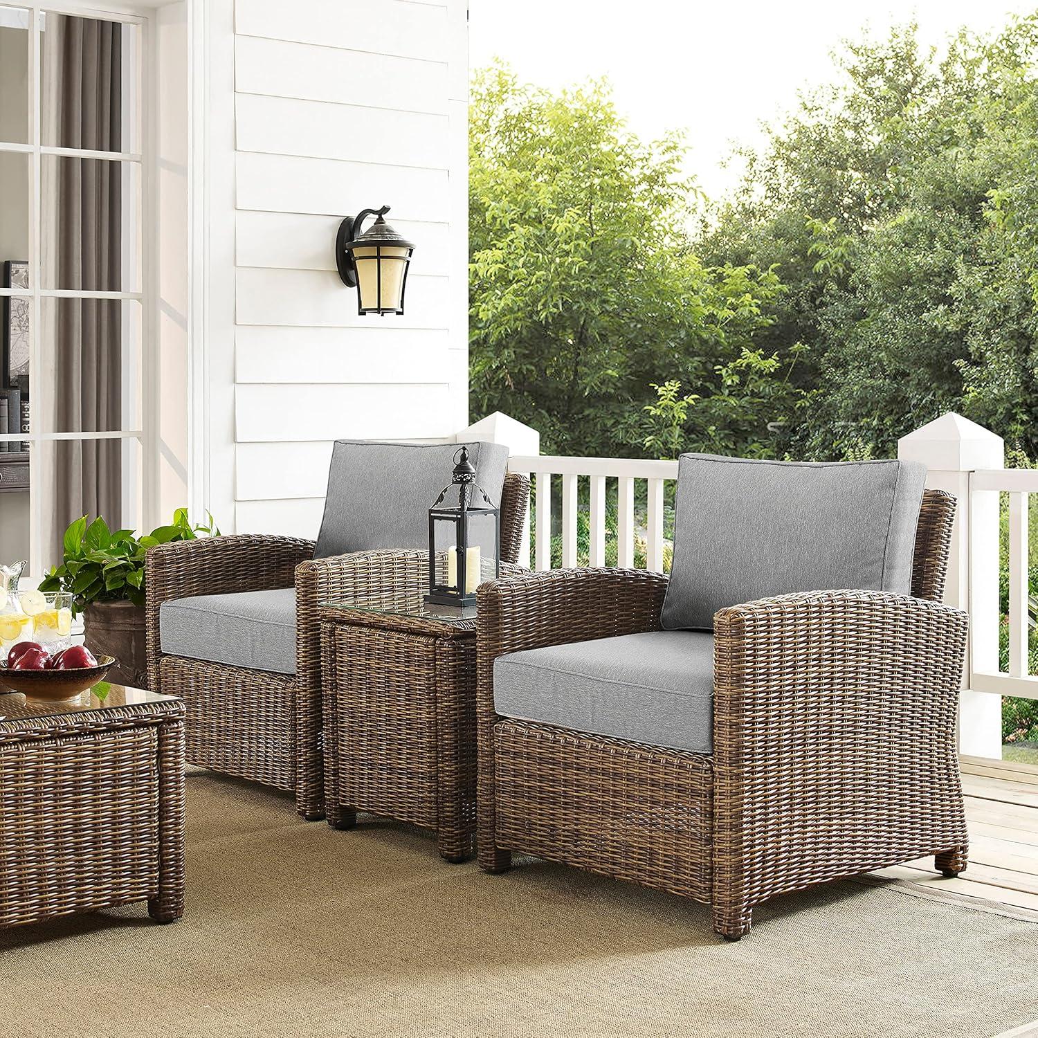 Bradenton 3pc Outdoor Wicker Arm Chairs with Side Table: Steel Frame, UV-Resistant - Crosley