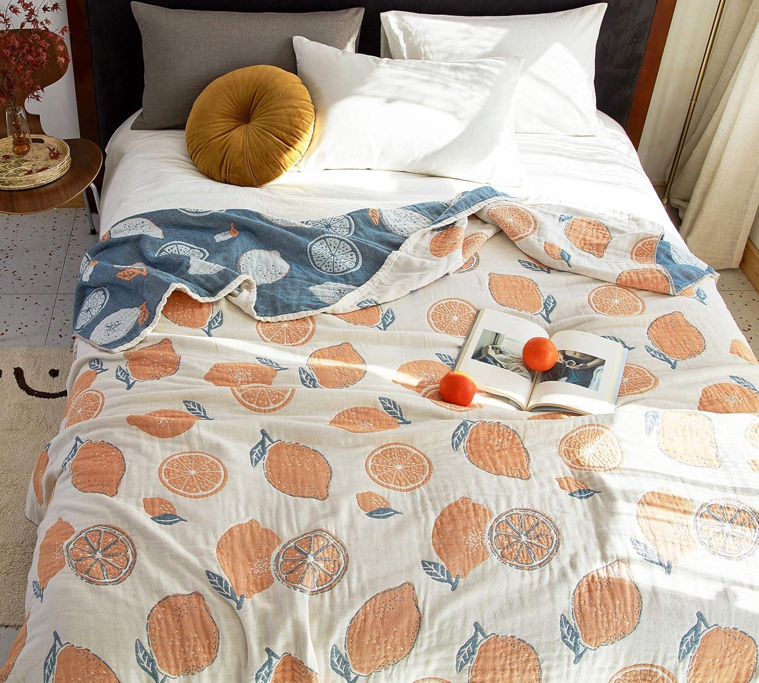 Scientific Sleep Lemon 100% Cotton Muslin Blanket Throw Cover for Bed Couch Sofa Cozy Soft Reversible Bedding Blanket Quilt Bedspread Coverlet Twin 60 in x 80 in