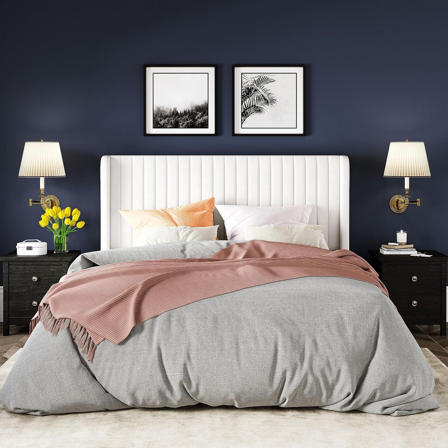 Candler Velvet Upholstered Platform Bed with Wingback Headboard and Wooden Slats
