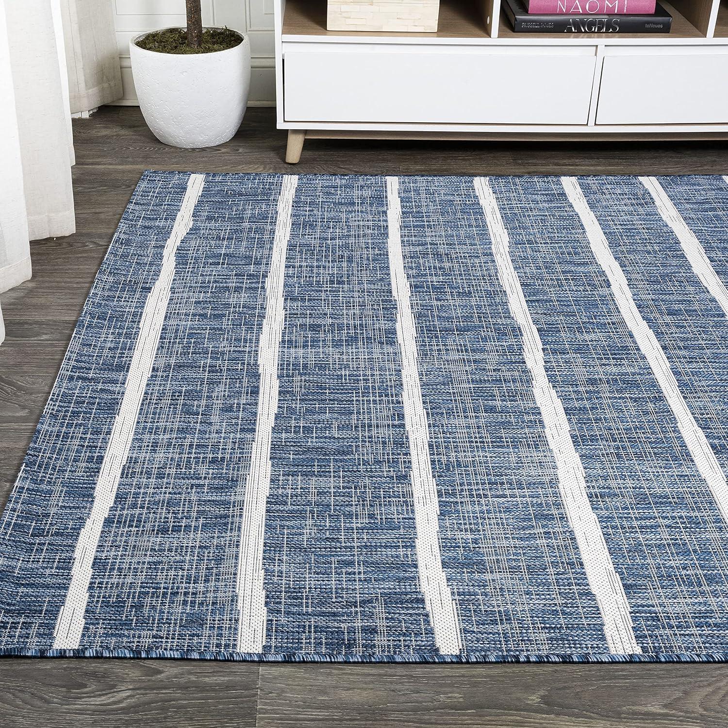 3'x5' Colonia Berber Stripe Indoor/Outdoor Area Rug, Blue/Ivory - JONATHAN Y