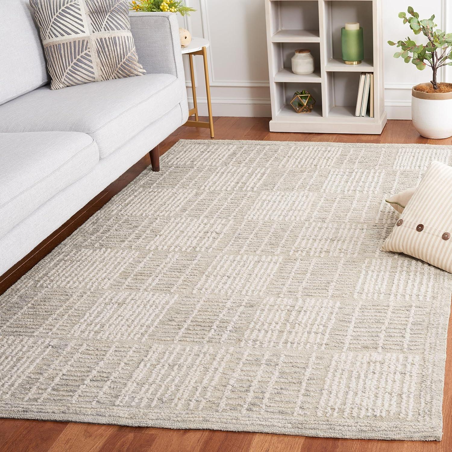 Grey and Ivory Handmade Wool Abstract Tufted Square Rug, 6' x 6'