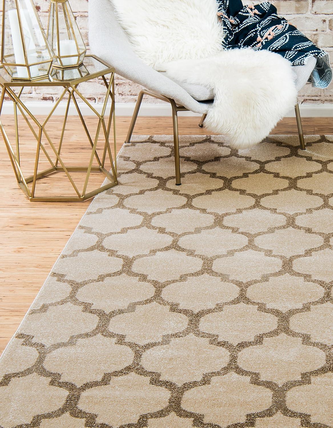 Beige and Light Brown Trellis 9' x 12' Easy-Care Synthetic Rug