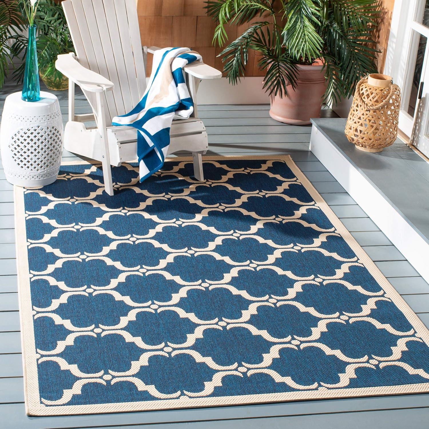 Navy and Beige 5'3" Square Synthetic Easy-Care Outdoor Rug