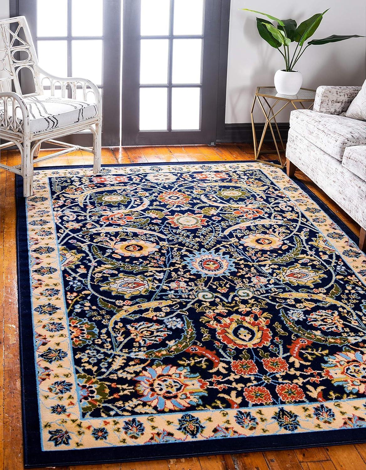 Unique Loom Cape Cod Espahan Rug Navy Blue/Black 6' 1" x 9' Rectangle Floral Traditional Perfect For Living Room Bed Room Dining Room Office