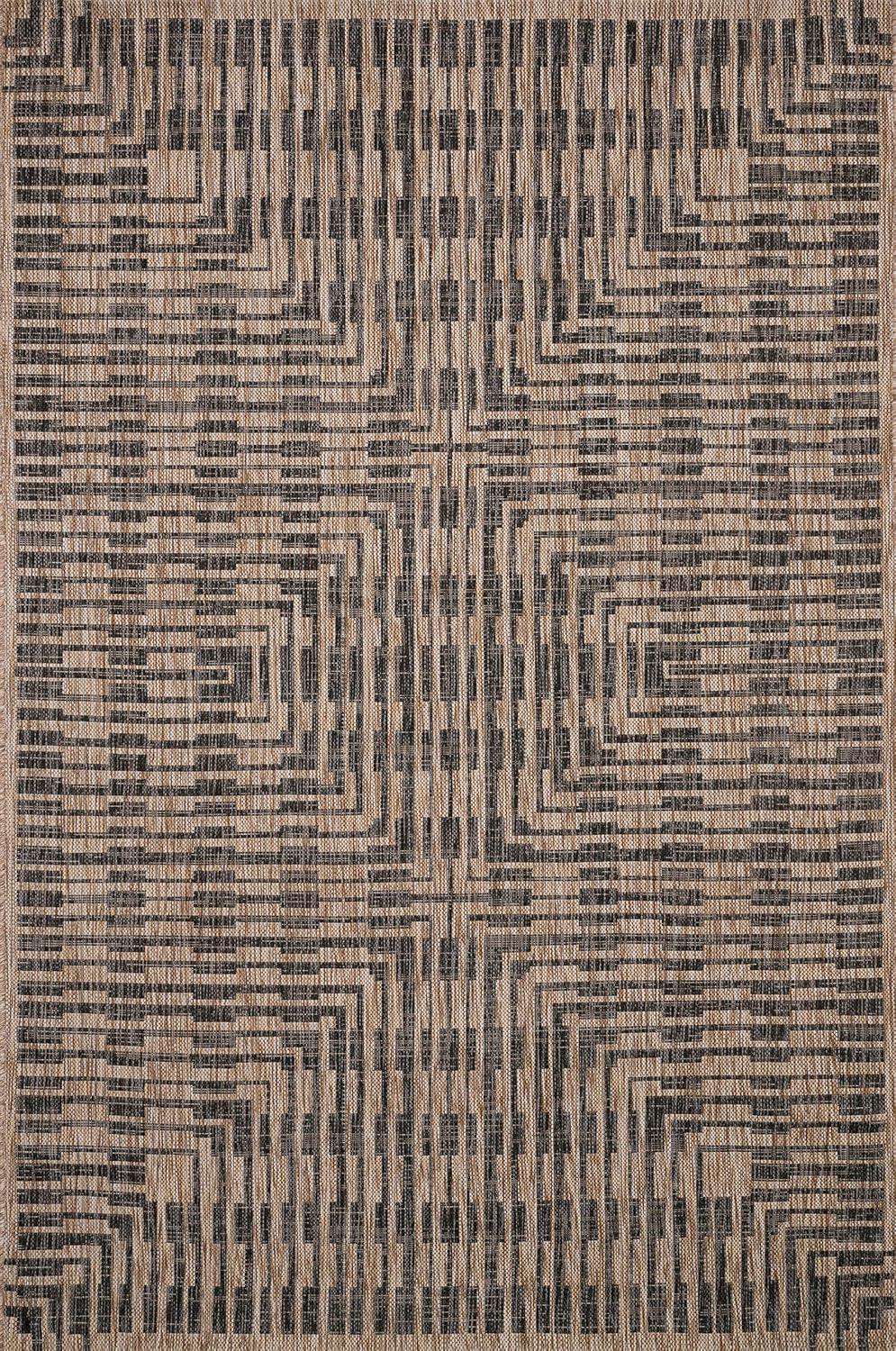 Black and Brown Geometric Synthetic Rectangular Rug