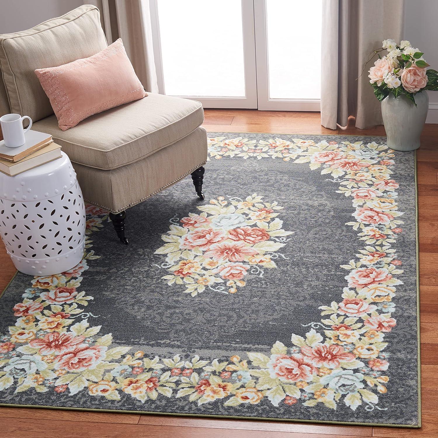 Gray and Pink Floral Bordered Rectangular Wool Rug