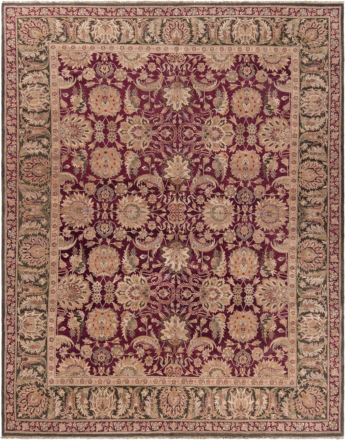 Burgundy and Green Hand-Knotted Wool 8' x 10' Area Rug