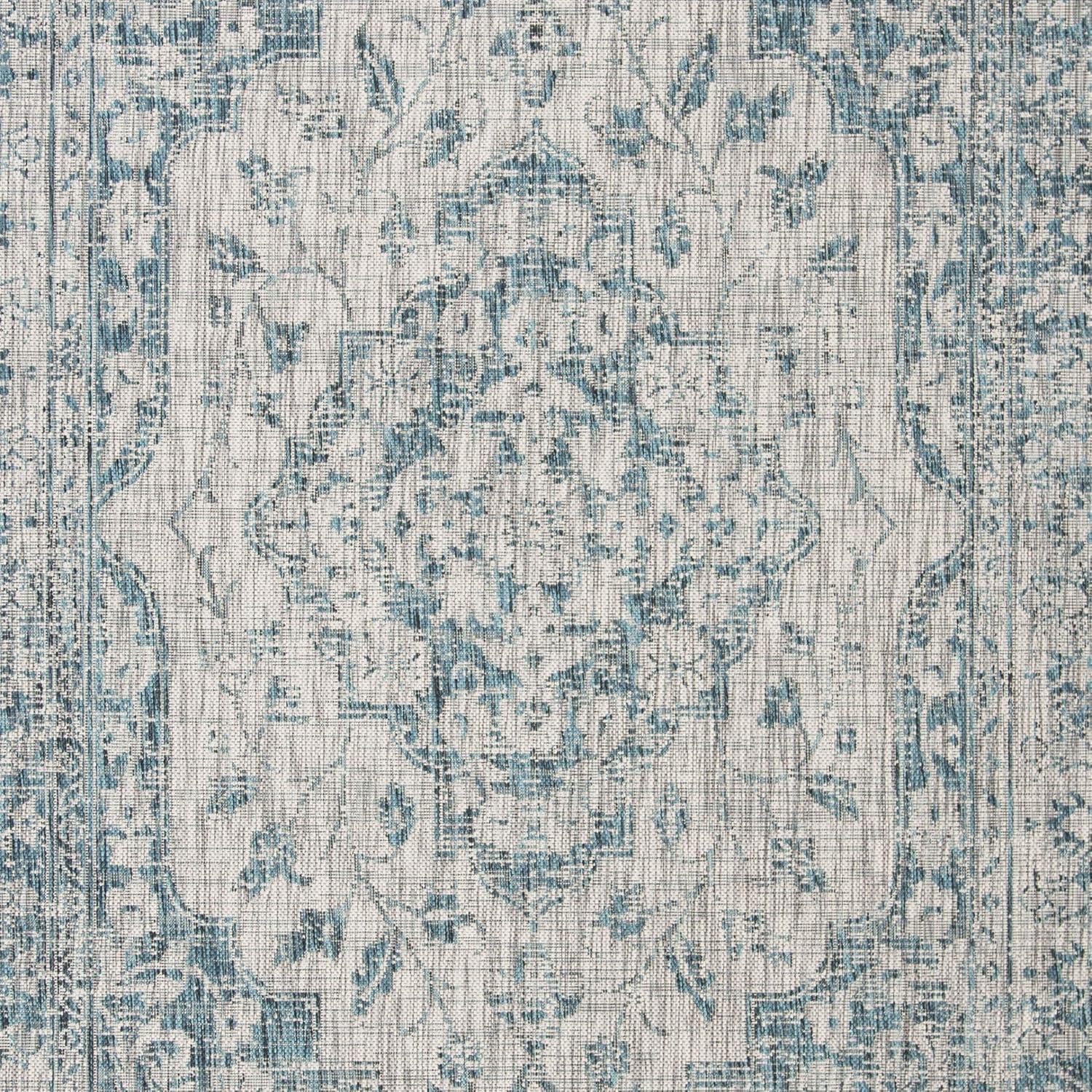 Gray and Blue Square Synthetic Indoor/Outdoor Rug