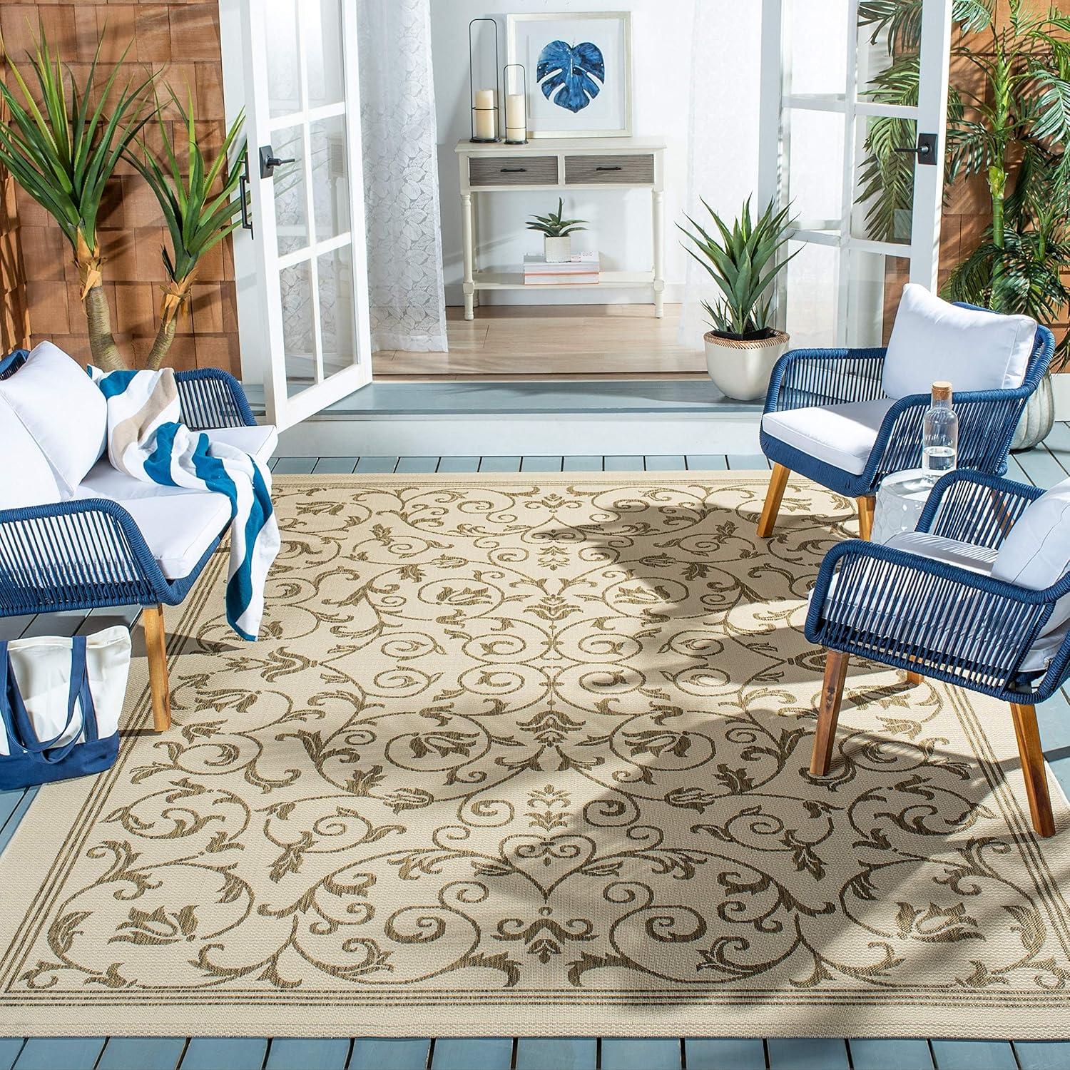 Gray Baroque Print Rectangular Synthetic Outdoor Rug