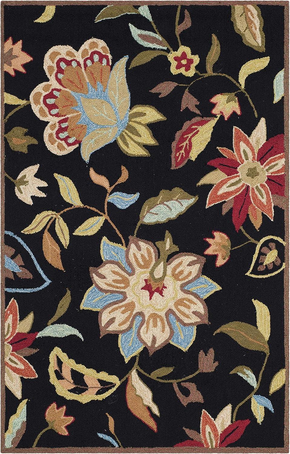 Handmade Black Floral Easy-Care Rectangular Area Rug