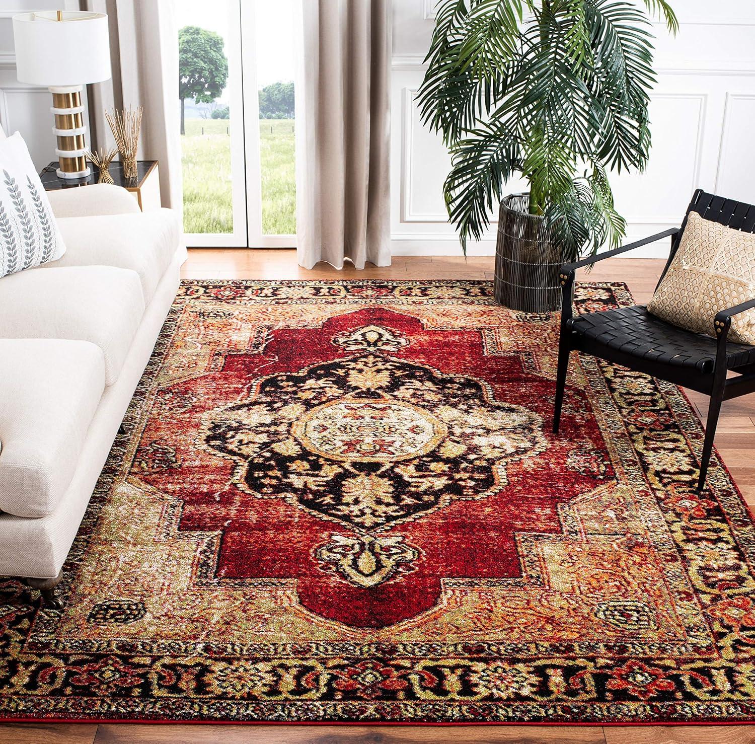 Vintage Red Floral High Pile Synthetic Area Rug