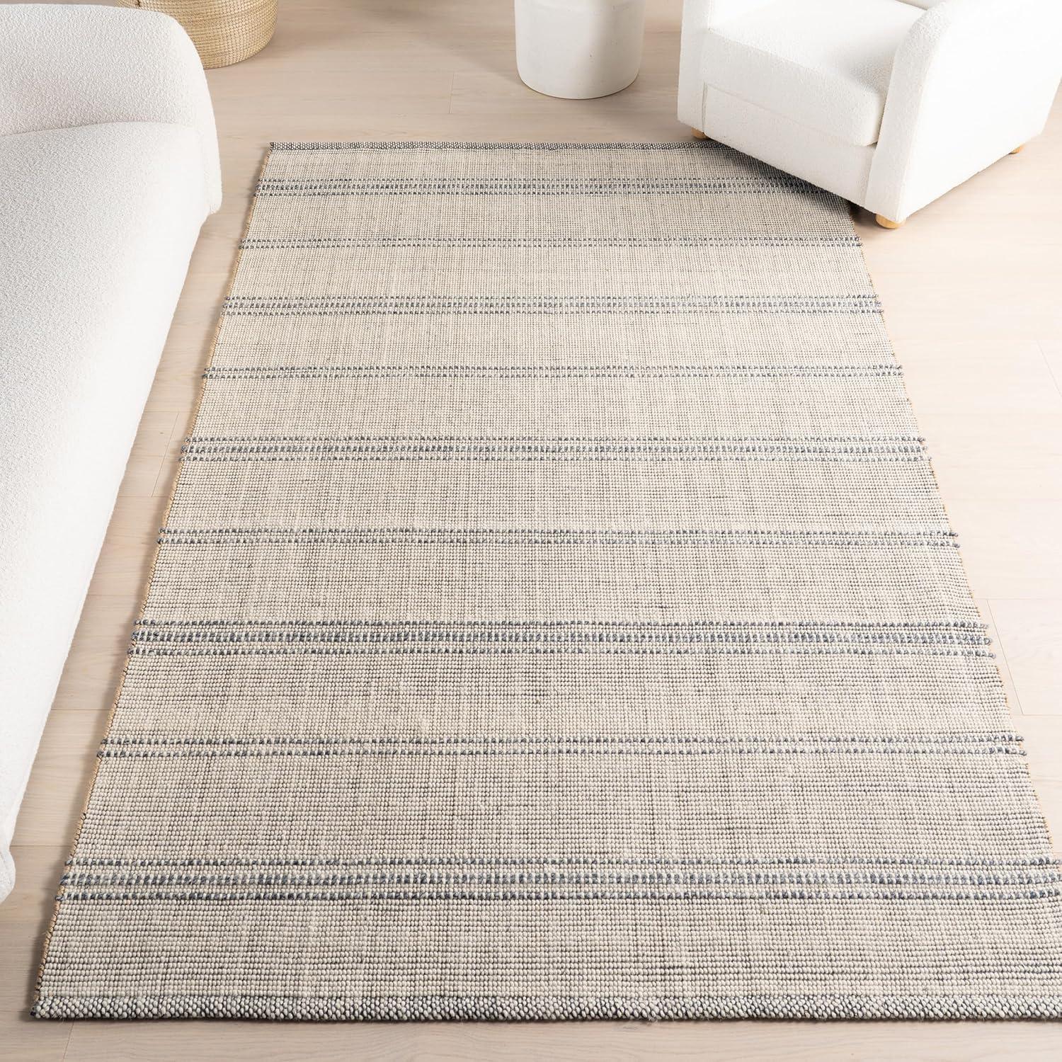 Ivory and Blue Striped Wool Cotton 5x8 Area Rug