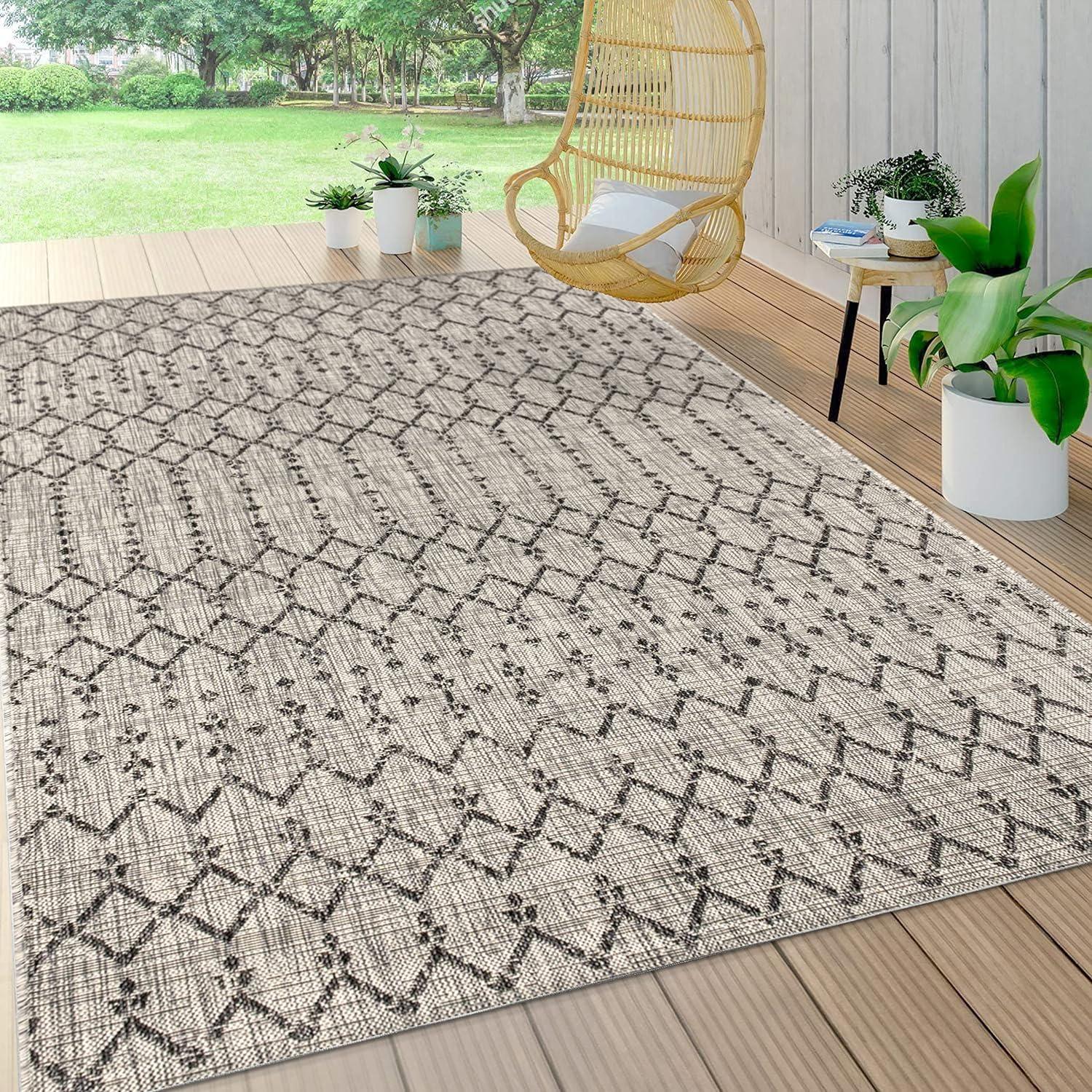 Ourika Moroccan Geometric Textured Weave Indoor/Outdoor Area Rug - JONATHAN Y