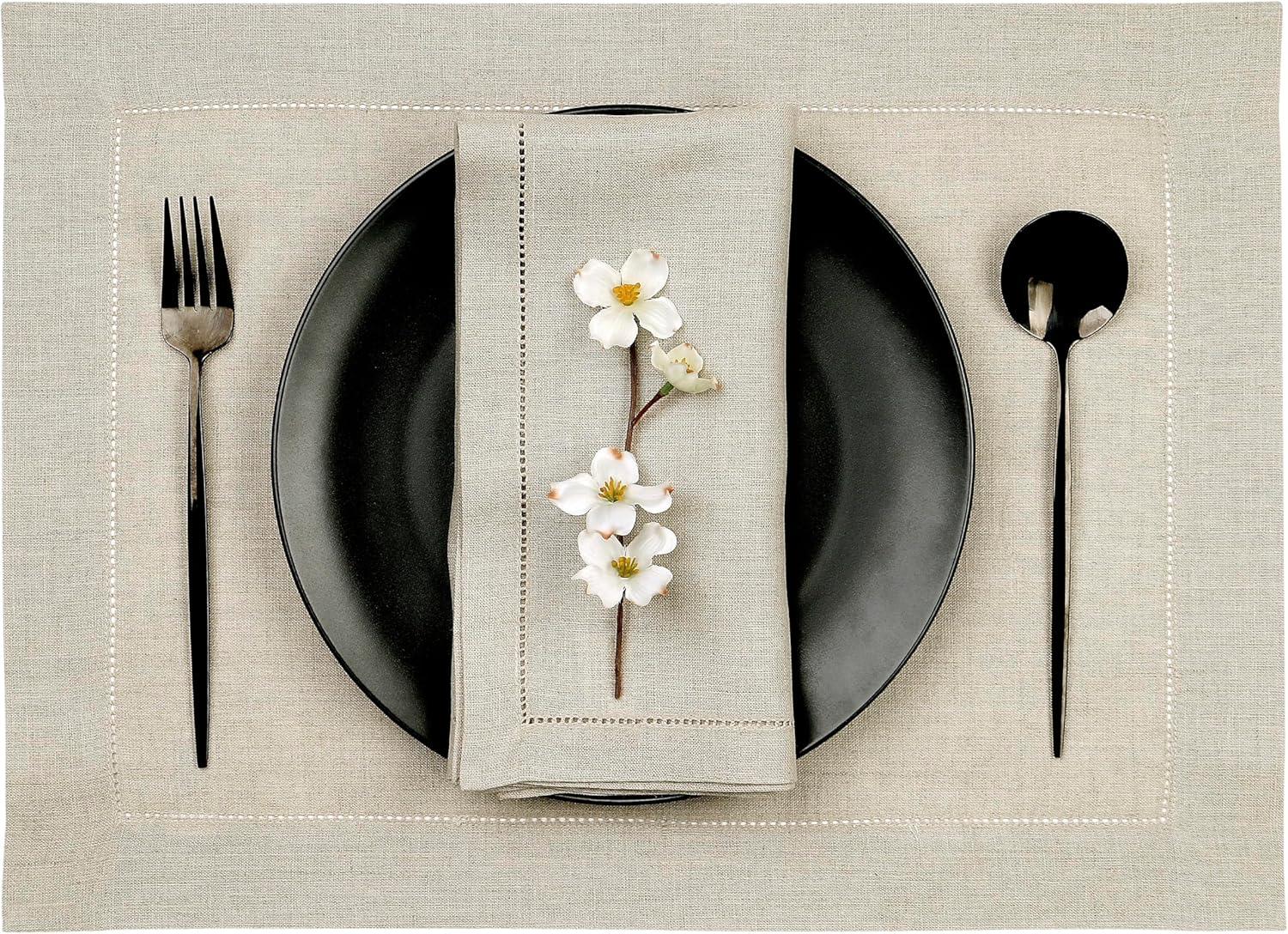 D’Moksha Homes 100% Pure Linen Hemstitch 14 x 19 Inch, Set of 4, Placemats - Vintage Natural Placemats, European Flax Natural Fabric Machine Washable, Handmade with Mitered Corners, Great Gift Choice