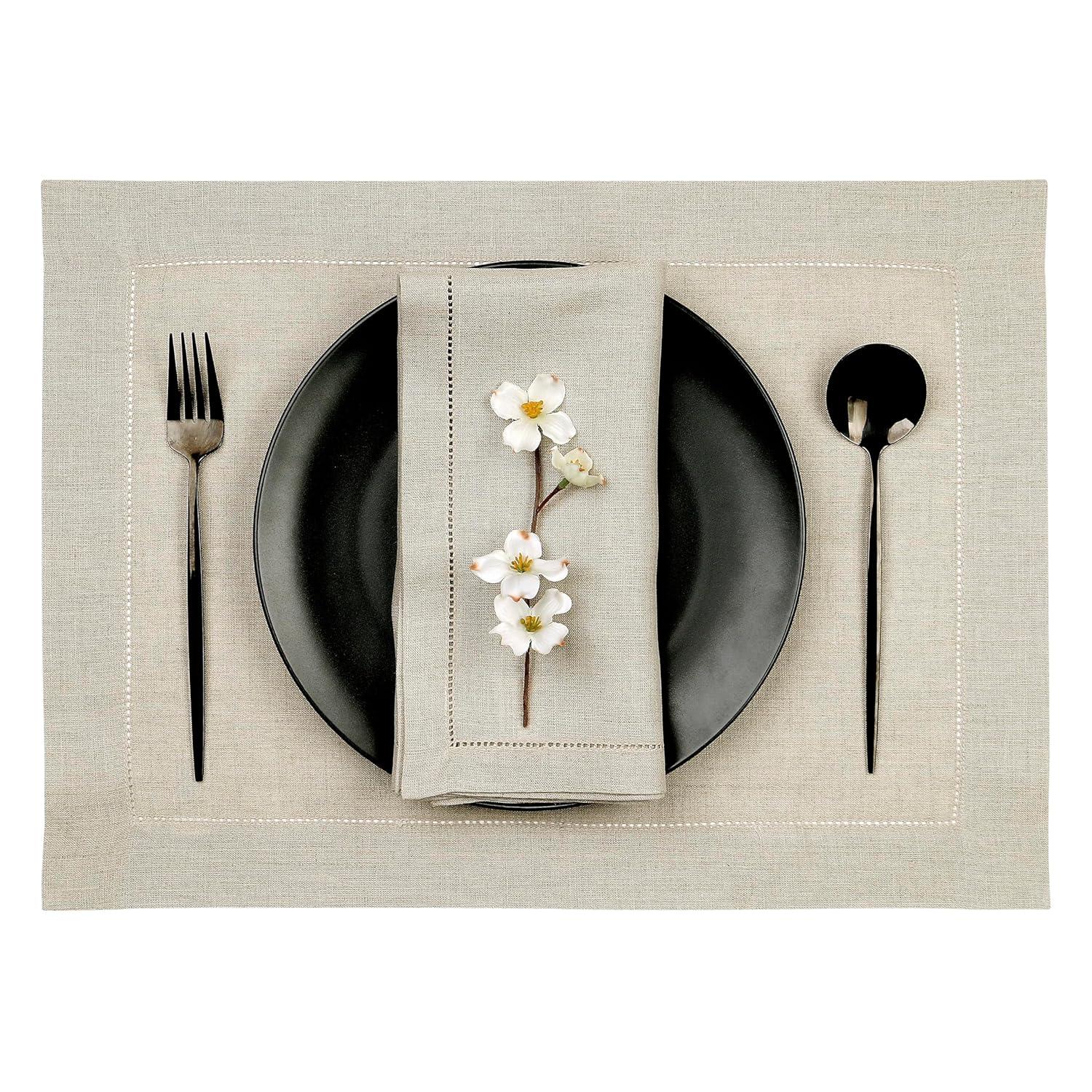 D’Moksha Homes 100% Pure Linen Hemstitch 14 x 19 Inch, Set of 4, Placemats - Vintage Natural Placemats, European Flax Natural Fabric Machine Washable, Handmade with Mitered Corners, Great Gift Choice