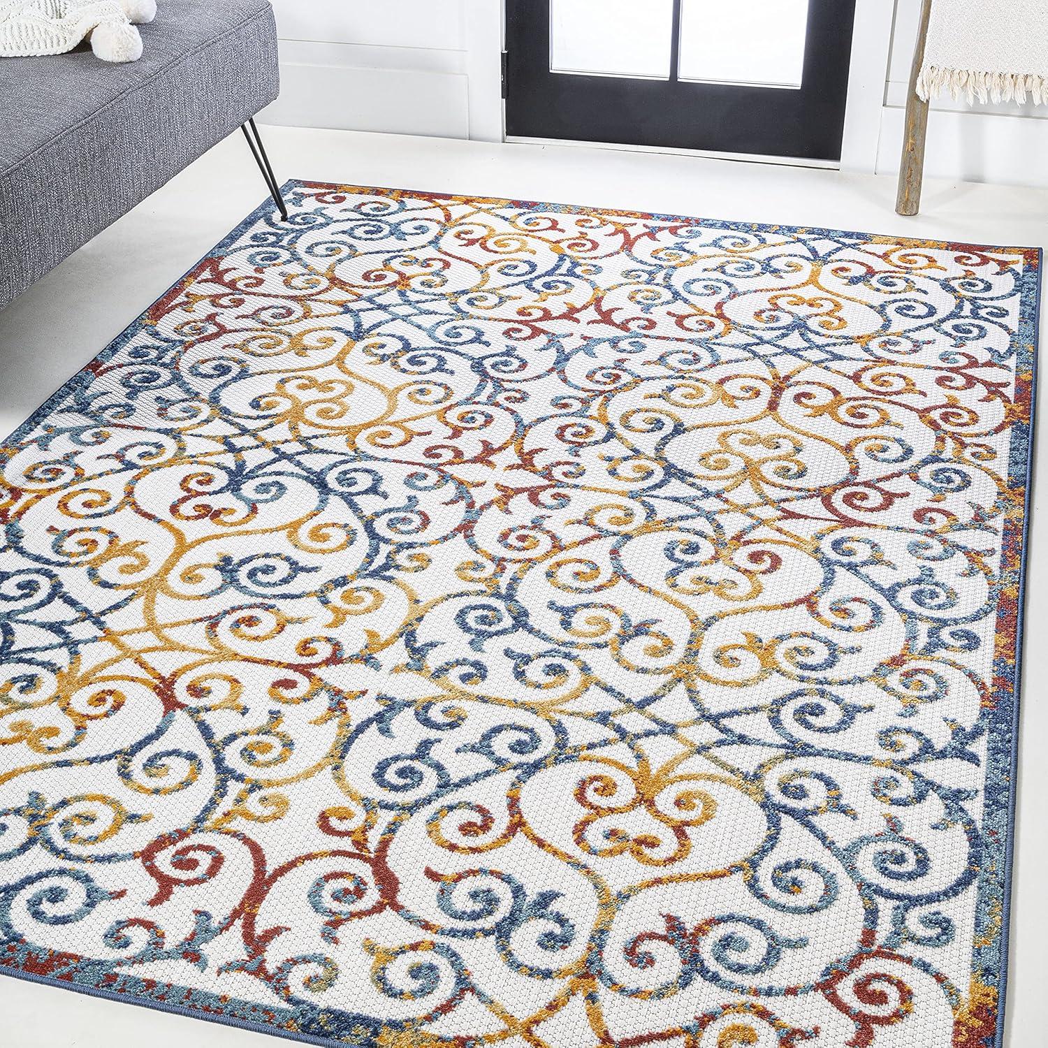 3'x5' Atrani Scroll Trellis Indoor/Outdoor Area Rug, Cream/Blue/Red - JONATHAN Y