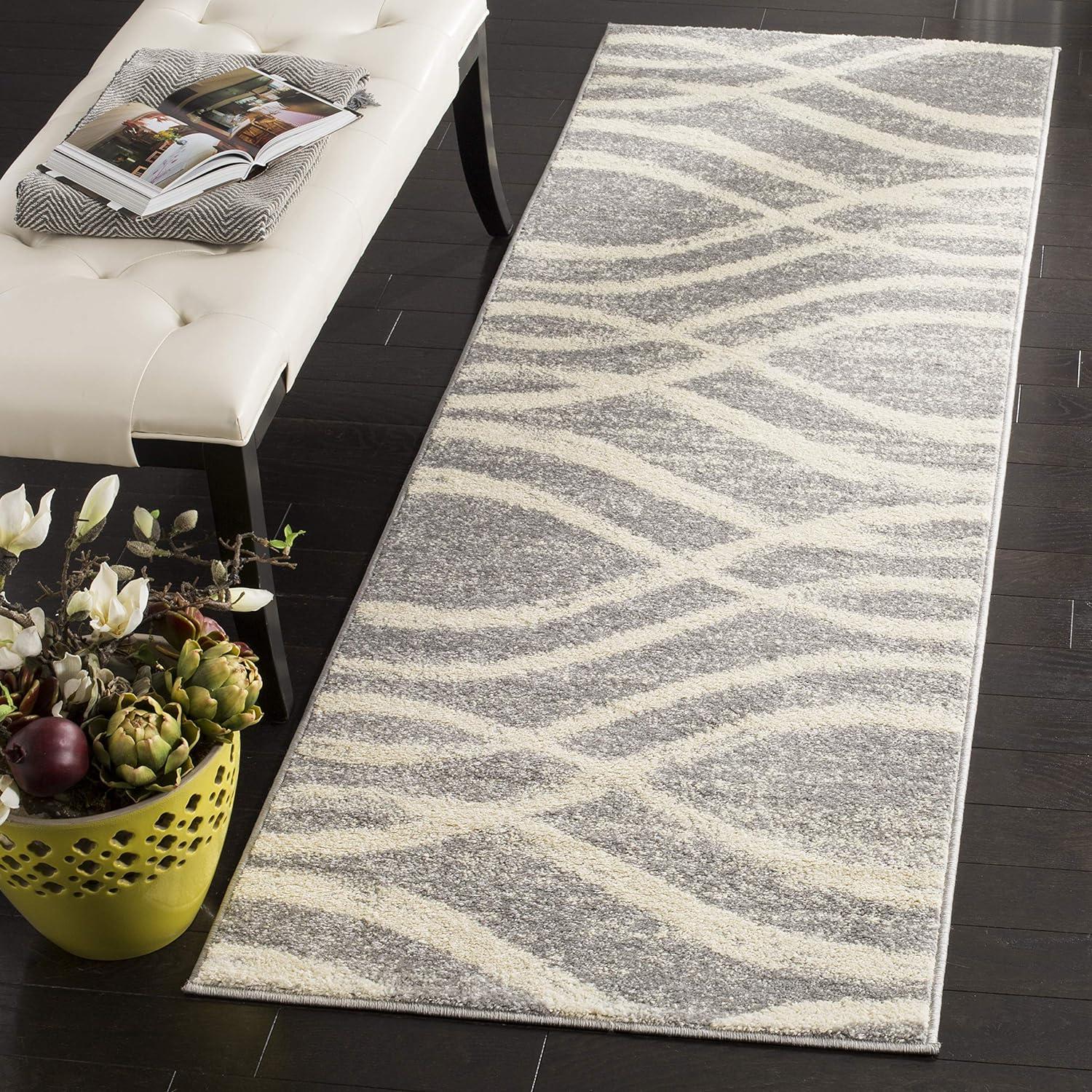 Grey and Cream Wave Pattern Synthetic Runner Rug