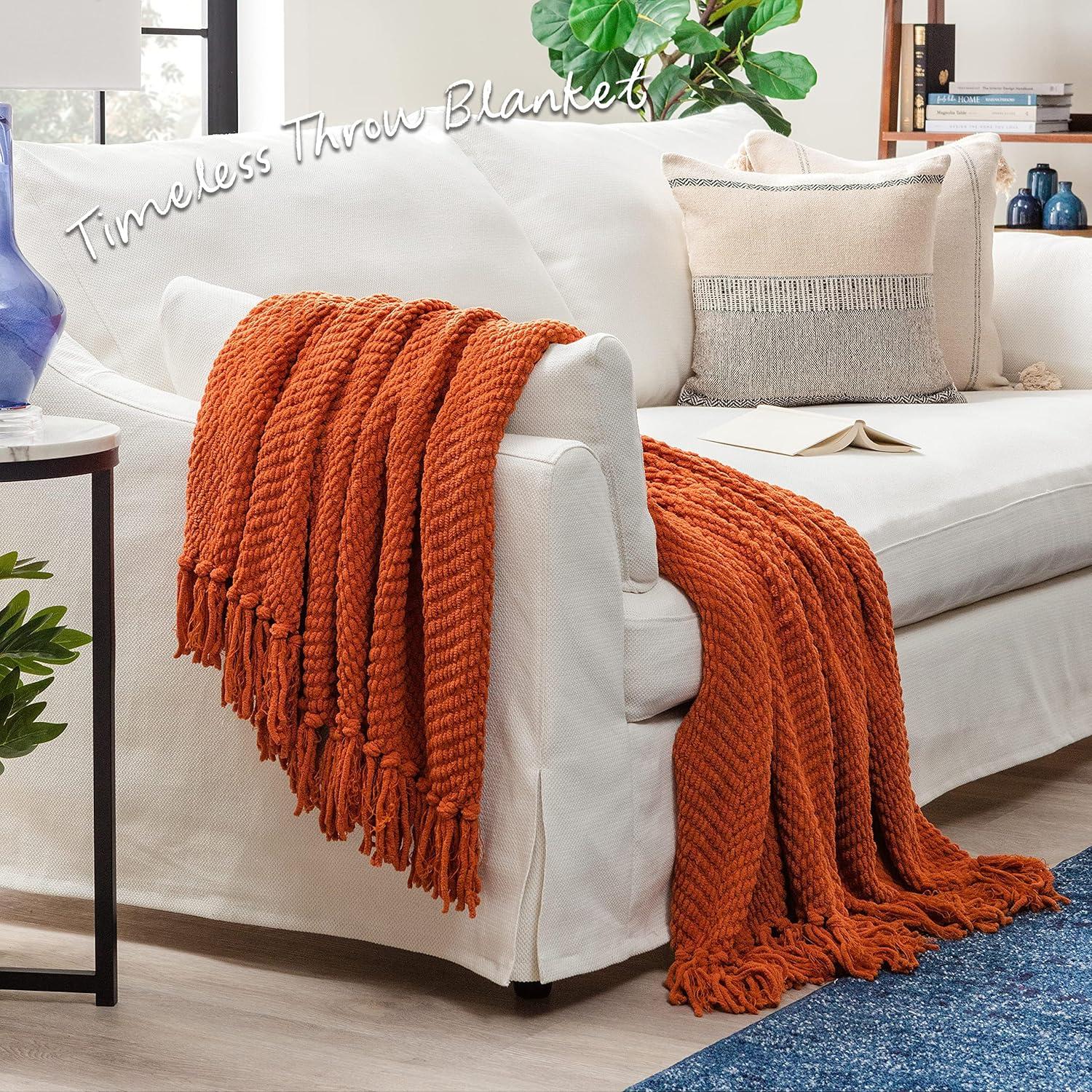 Chanasya Textured Knit Throw Blanket with Tassels - 60" x 70” - Orange