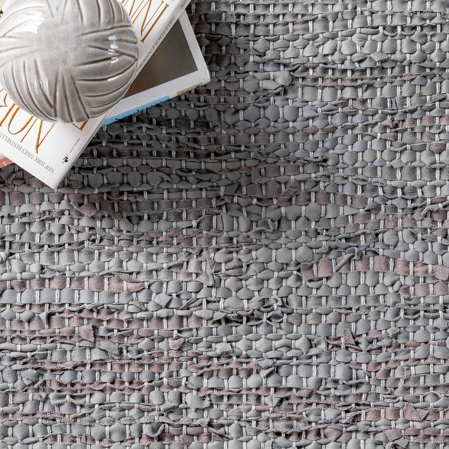 Handwoven Gray Leather & Hemp 4' x 6' Flatweave Area Rug