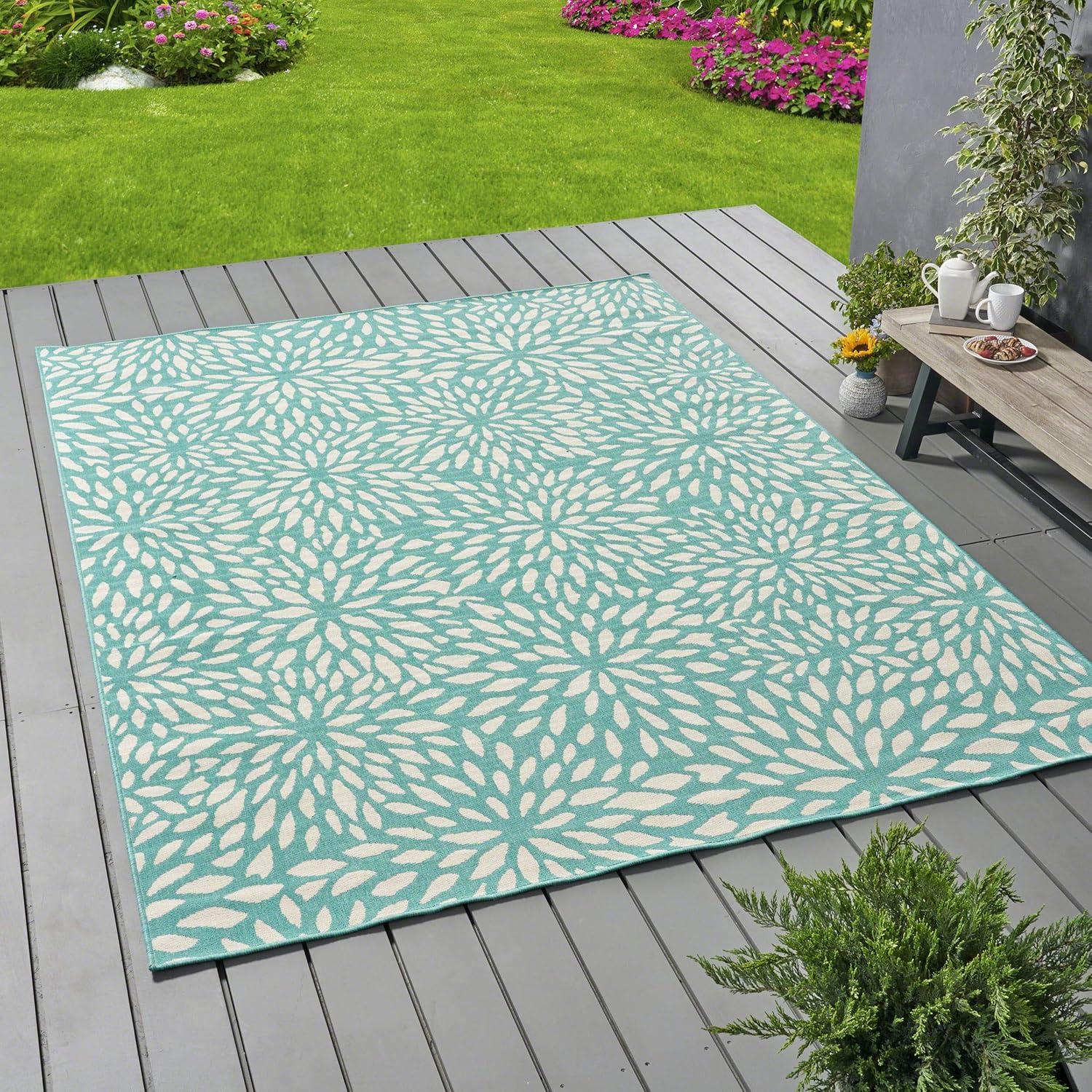 Ivory and Blue Floral Rectangular Stain-Resistant Outdoor Rug