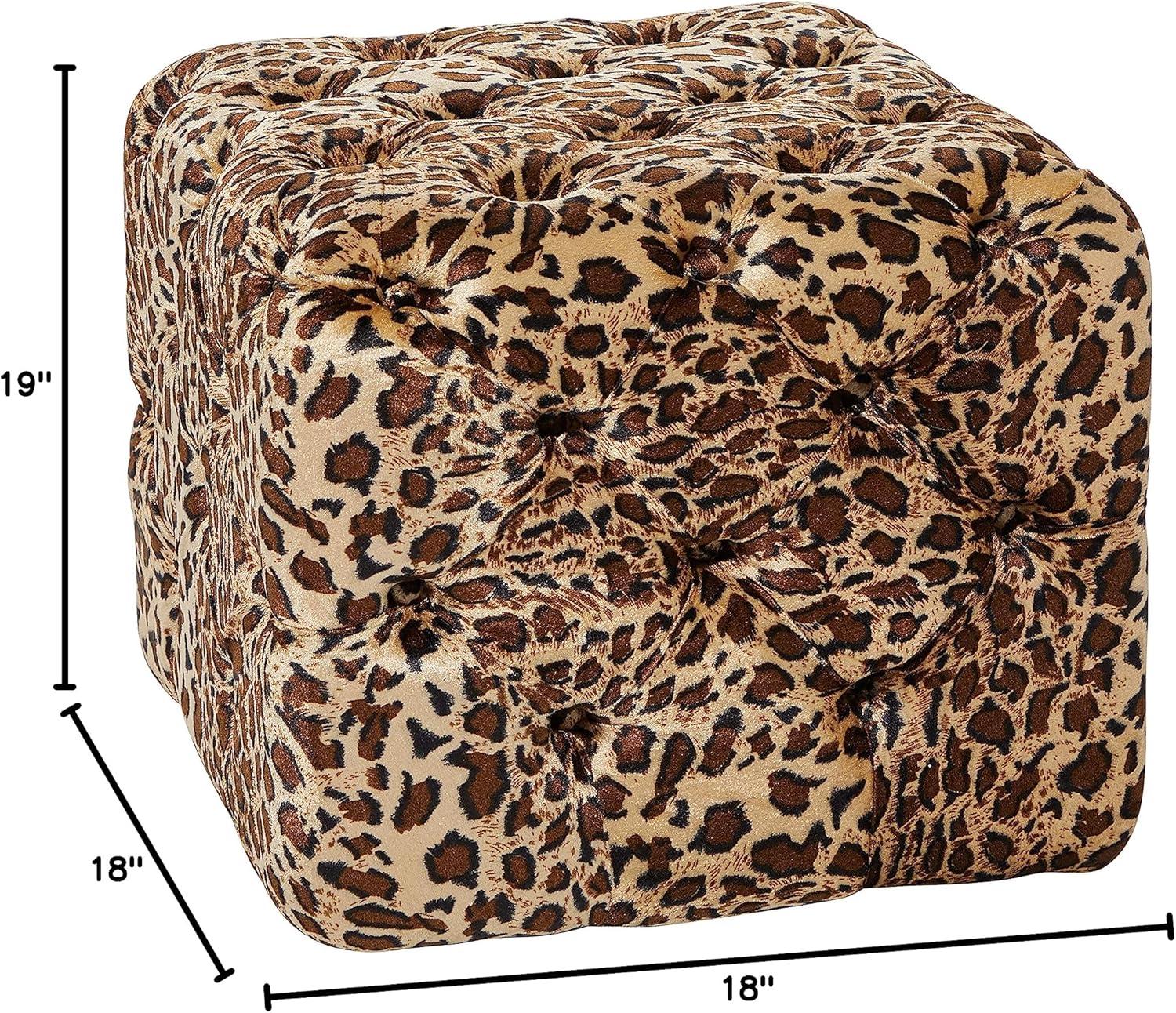 DecMode 18" x 19" Brown Cotton Leopard Print Ottoman, 1-Piece