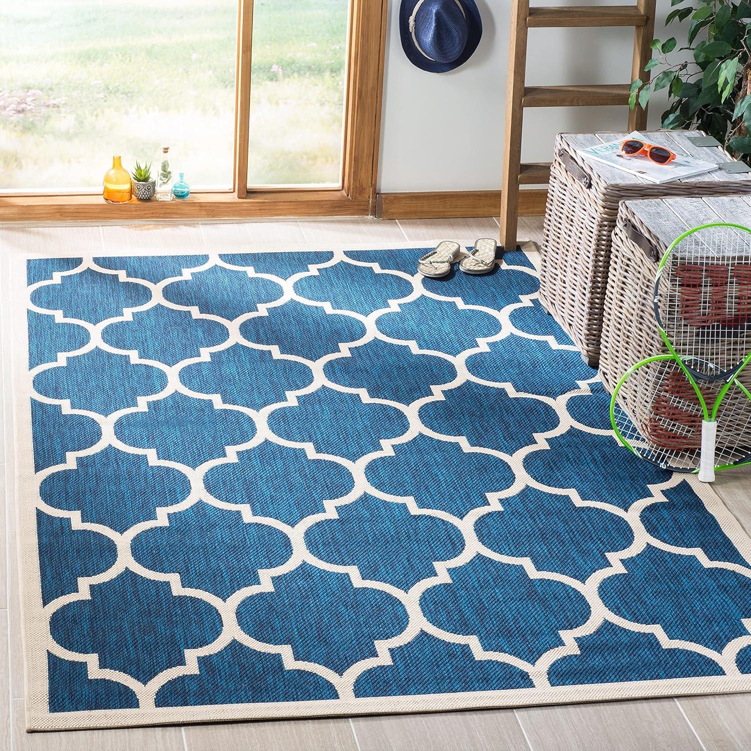 Reversible Blue and Bone Quatrefoil 9' x 12' Indoor/Outdoor Rug