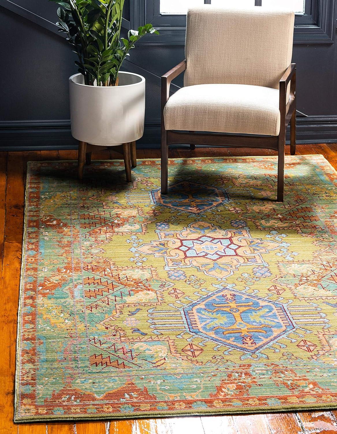 Light Green and Beige Geometric Pattern Stain-Resistant Area Rug