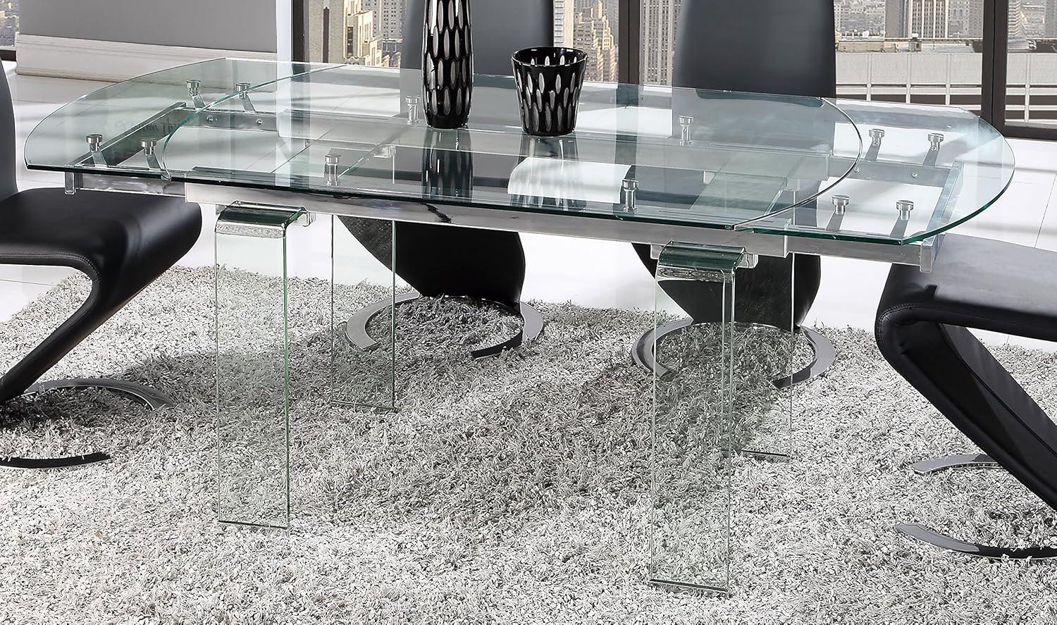 Global Furniture Clear Chrome Extendable Dining Table with Glass Top