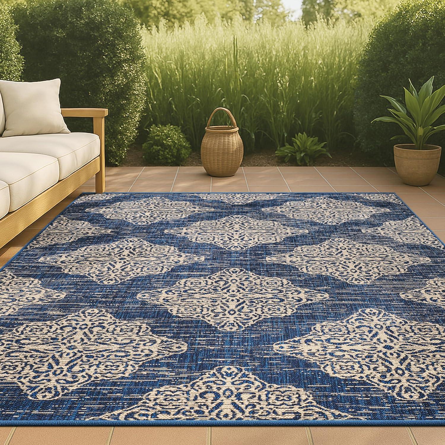 4'x6' Tuscany Ornate Medallions Indoor/Outdoor Area Rug, Navy/Beige - JONATHAN Y