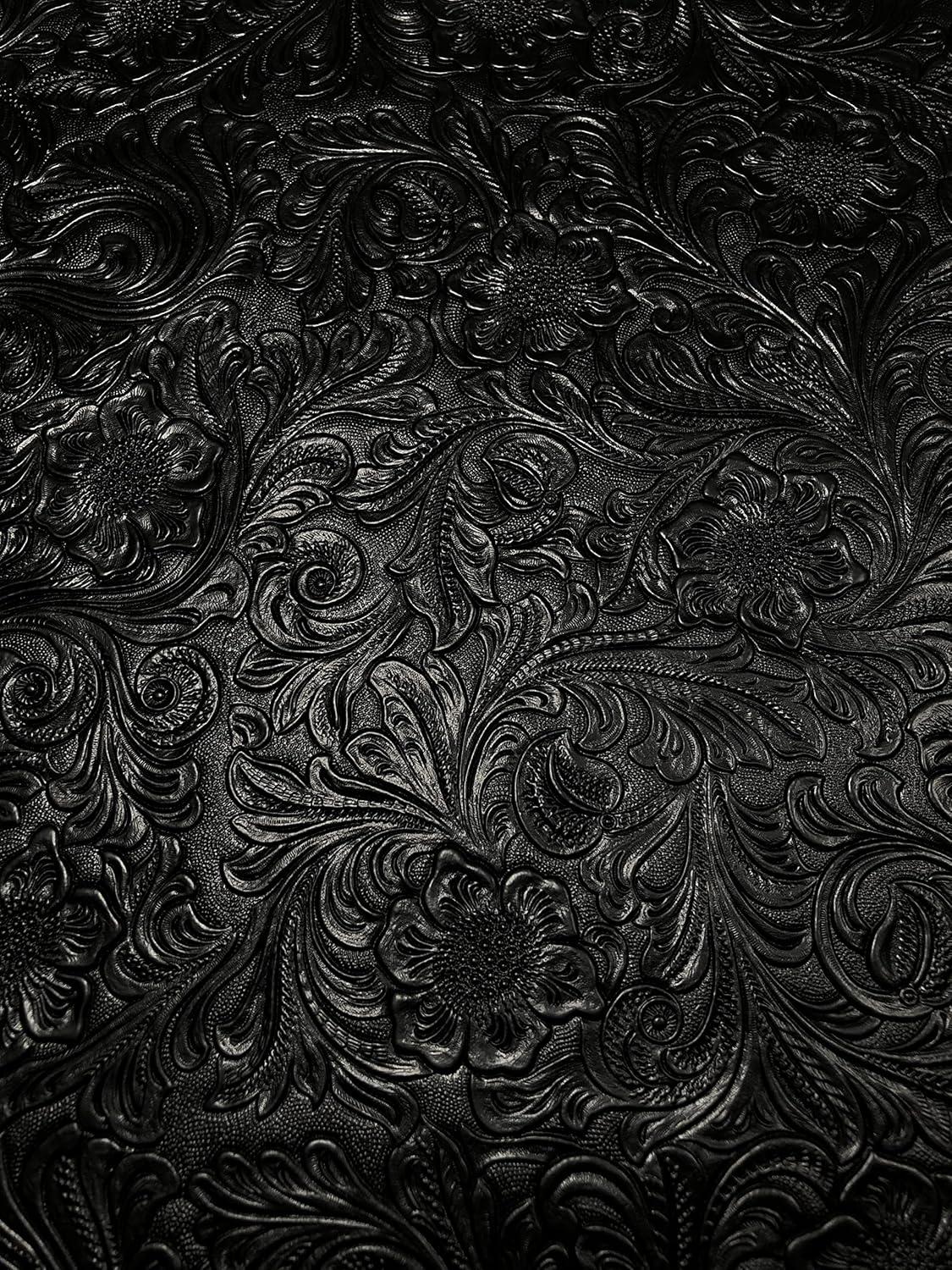 Tooled Faux Leather Western Cowboy, Floral Embossed Vinyl, Craft DIY and Upholstery Pleather Fabric - Cut By The Yard (Black)