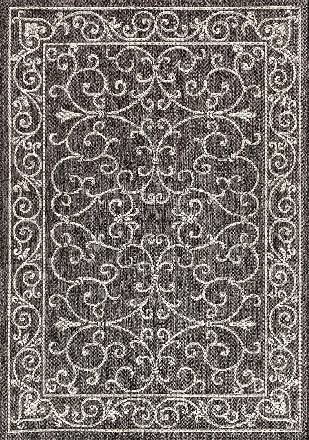 4'x6' Charleston Vintage Filigree Textured Weave Indoor/Outdoor Area Rug, Black/Gray - JONATHAN Y