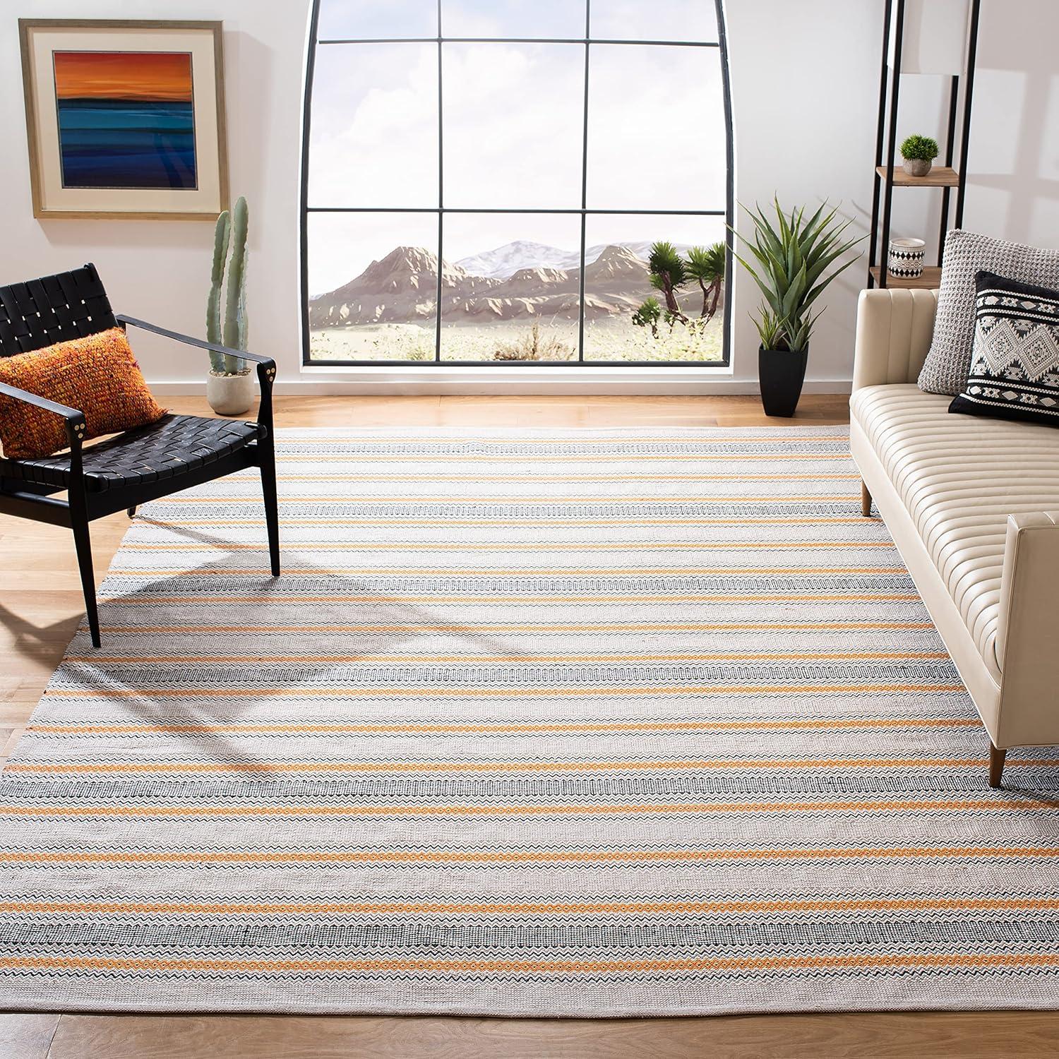 Handmade Blue Flat Woven Cotton Rectangular Rug