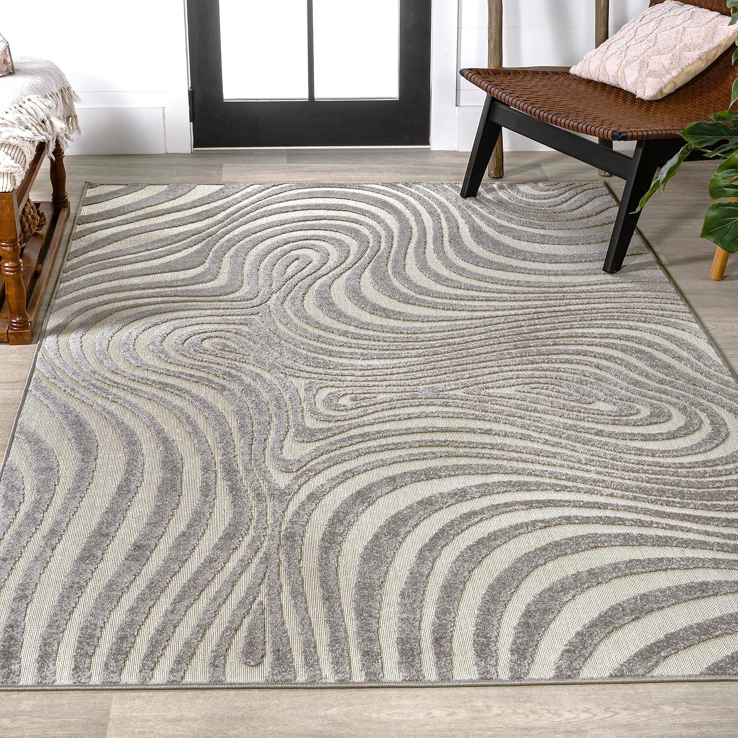 JONATHAN Y Maribo High-Low Abstract Groovy Striped Gray/Ivory 5 ft. x 8 ft. Indoor/Outdoor Area Rug