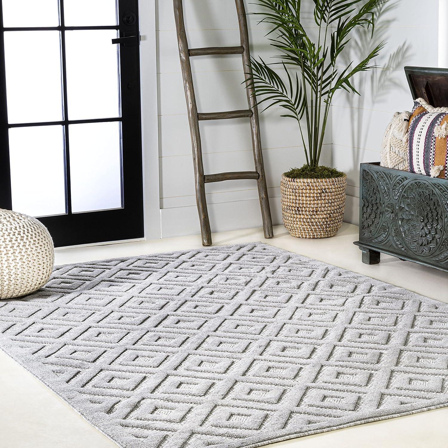 Portmany Neutral Diamond Trellis Indoor/Outdoor Area Rug - JONATHAN Y