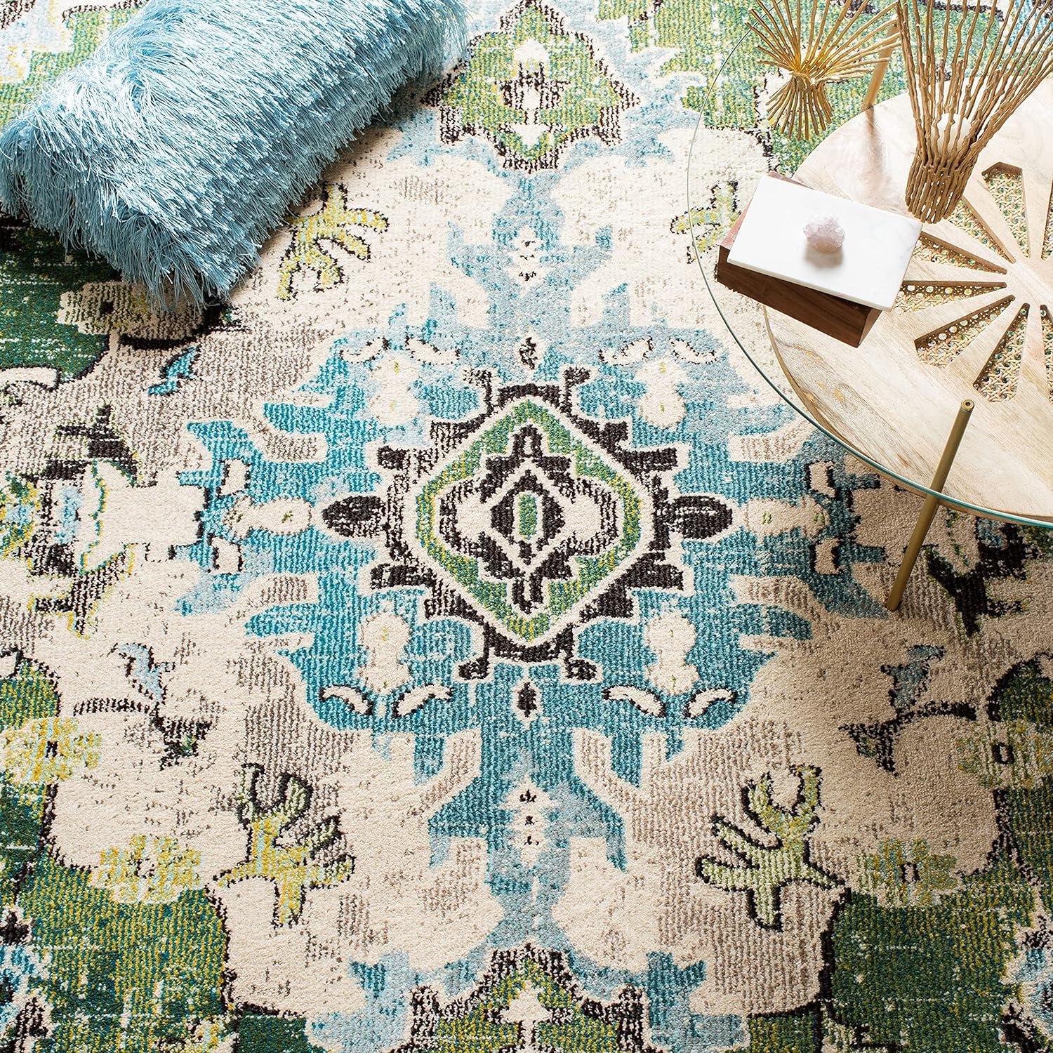 Bohemian Chic Light Blue & Forest Green Synthetic Area Rug - 5'1" x 7'7"