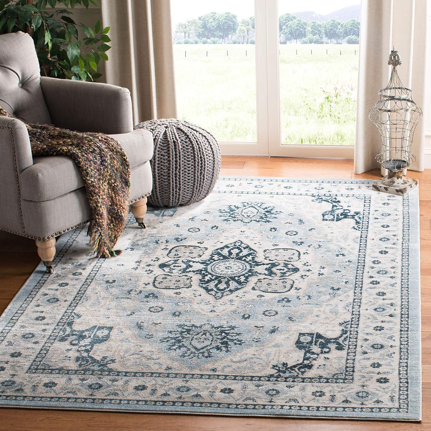 Isabella Light Blue and Cream 8' x 10' Synthetic Area Rug