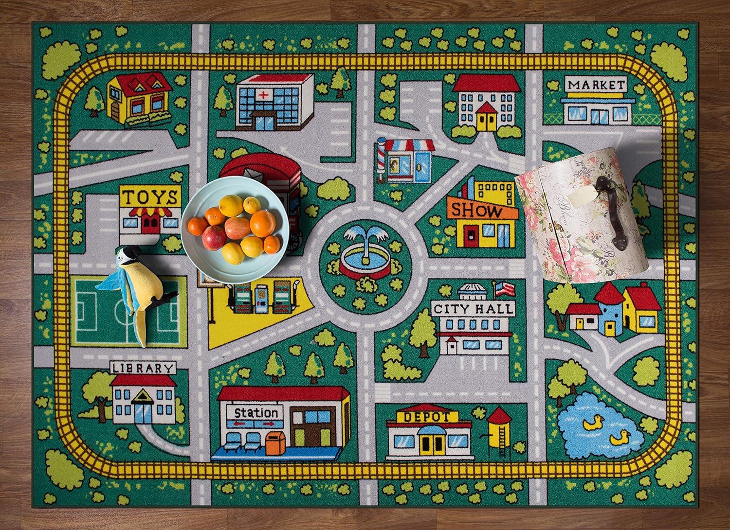 World Rug Gallery Kids Educational Learning City Life Road Non Slip Area Rug - Green 5' x 7'