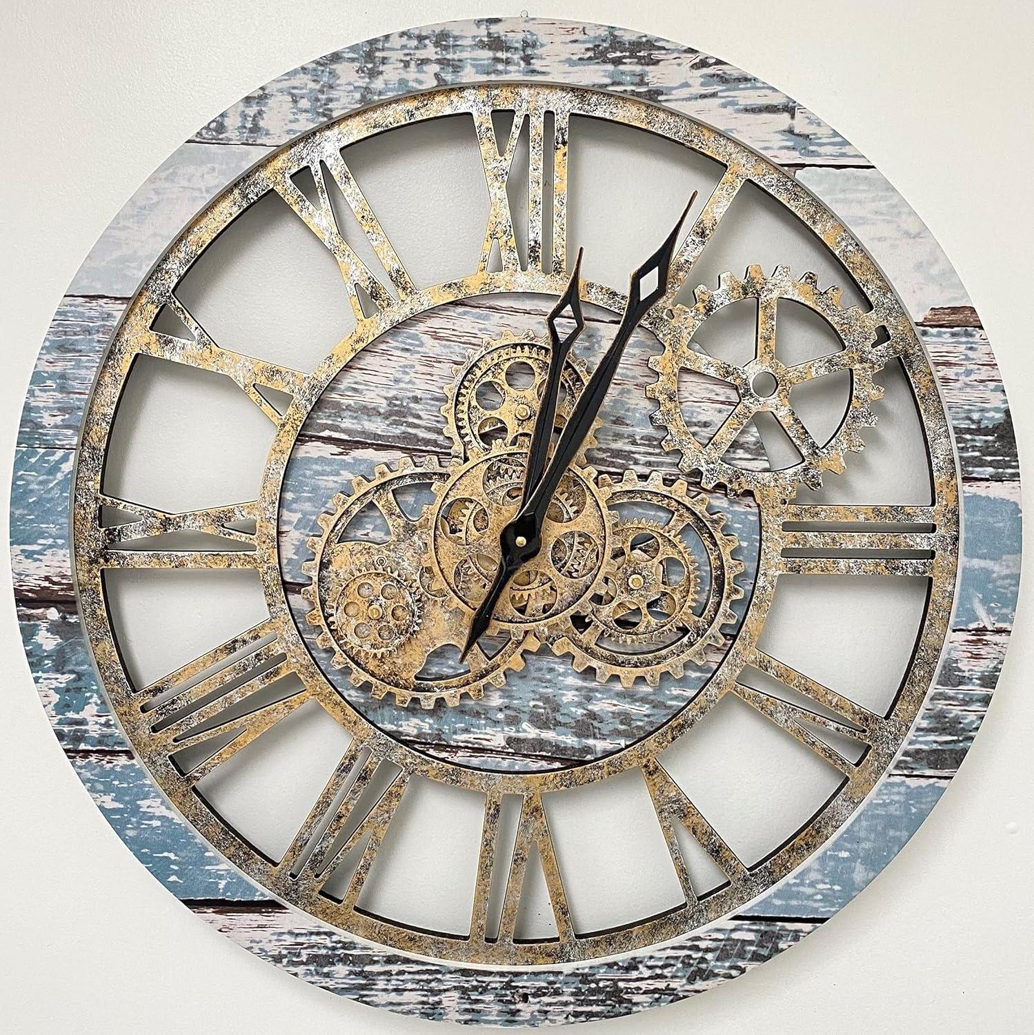 The Gears Clock Wall Clock 24" Round Oversized for Living Room decor with Real Moving Gears America Collection