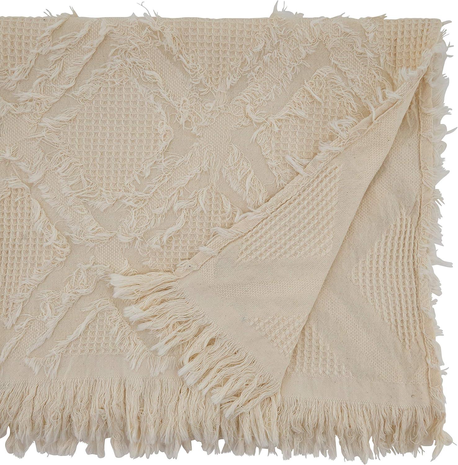 Ivory Fringe Waffle Weave Cotton Table Runner