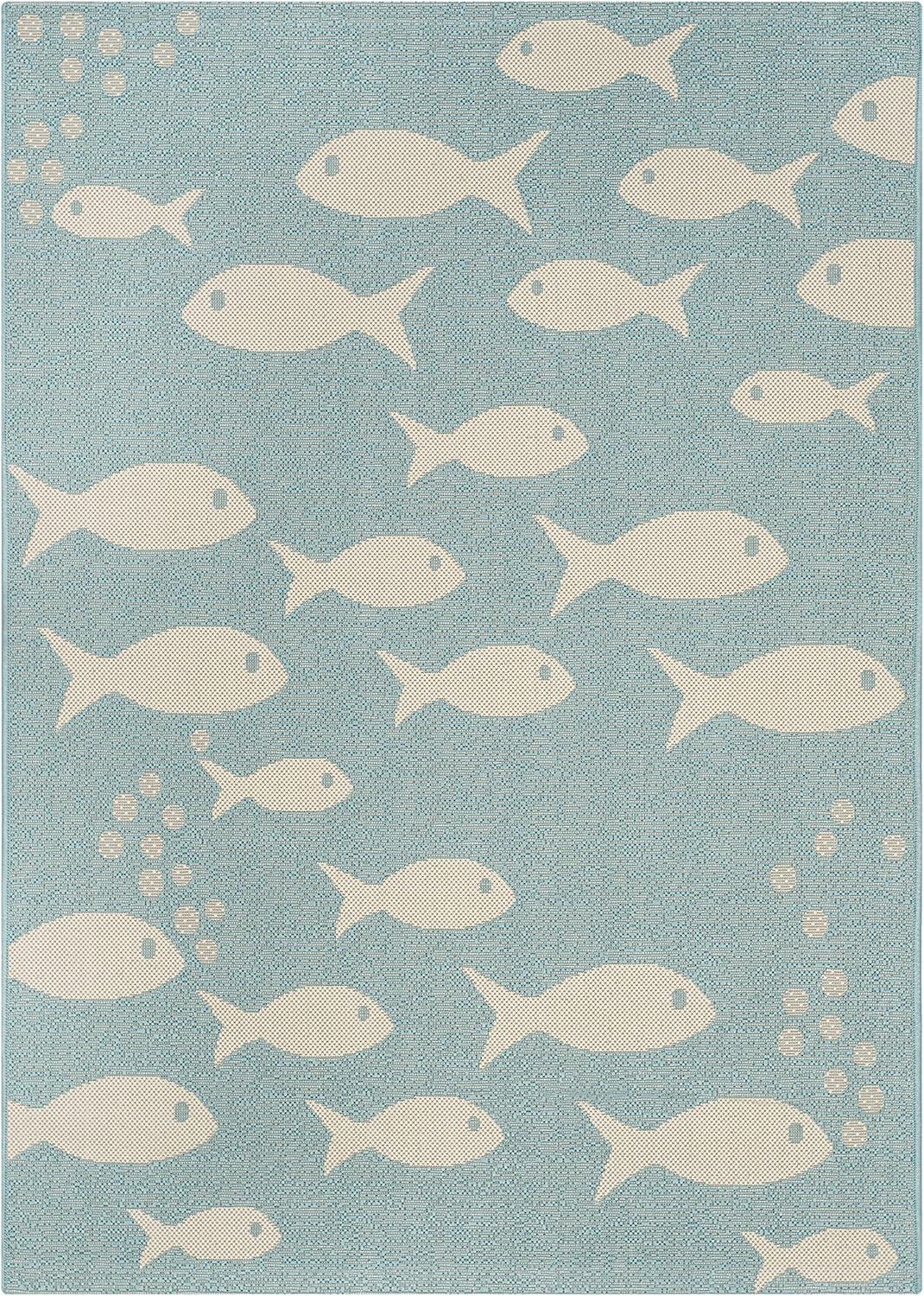 SAFAVIEH Courtyard Trena Fish Print Indoor/Outdoor Area Rug, 2'7" x 5', Aqua/Beige