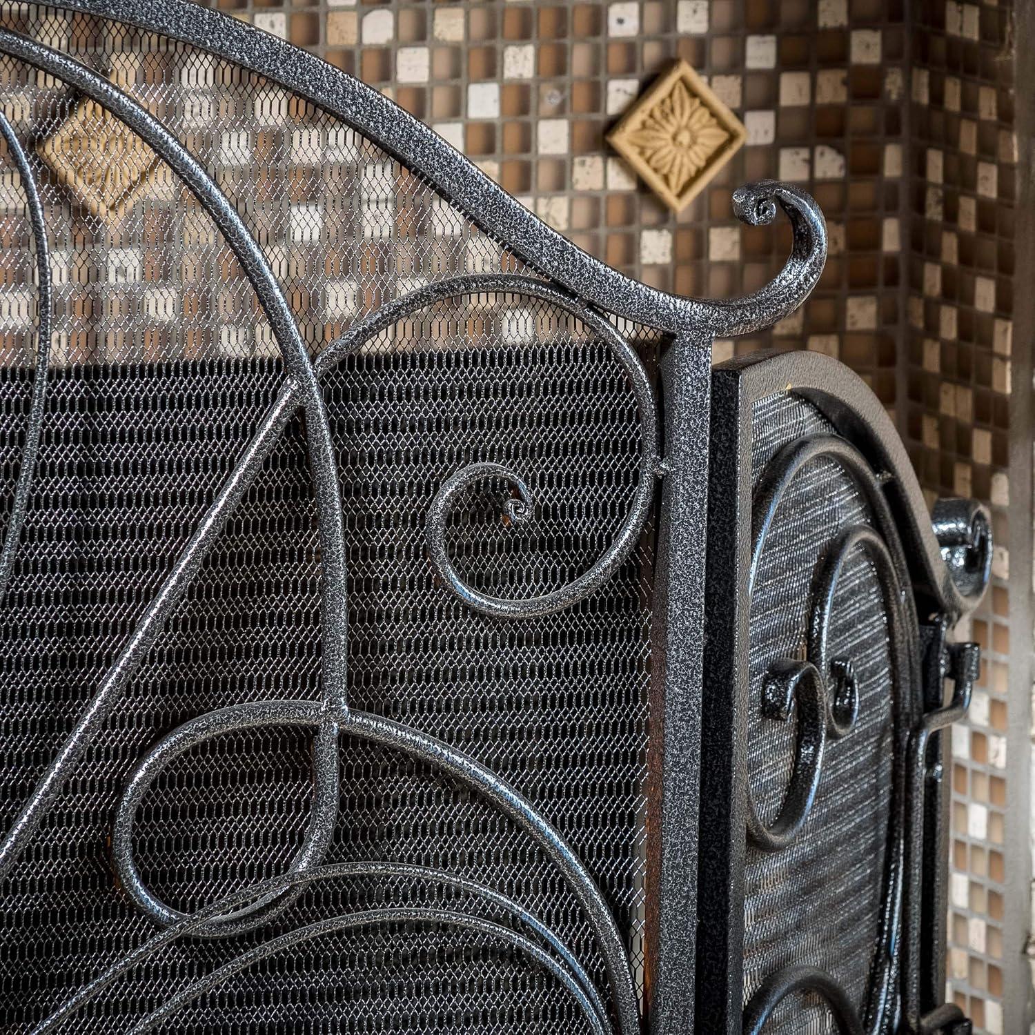 GDF Studio Noweta Traditional Iron Three Panel Fireplace Screen, Silver and Black