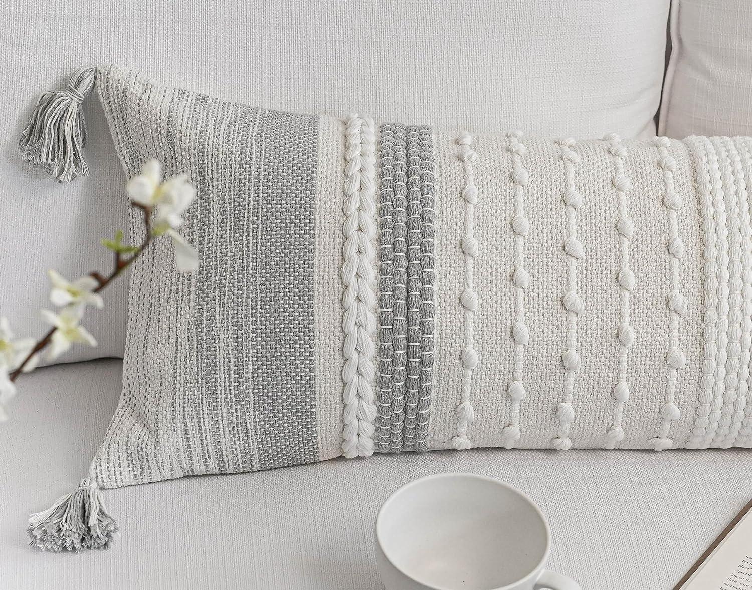 Gray and Cream Textured Boho Lumbar Throw Pillow