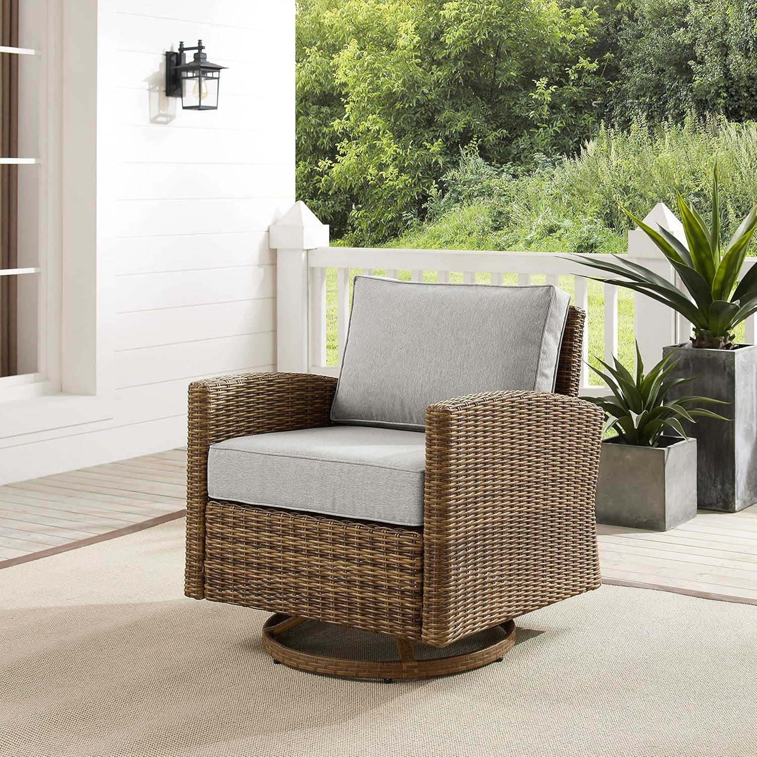Bradenton Outdoor Steel Swivel Rocking Chair Gray/Weathered Brown - Crosley: Resin Wicker, Moisture-Resistant Cushions