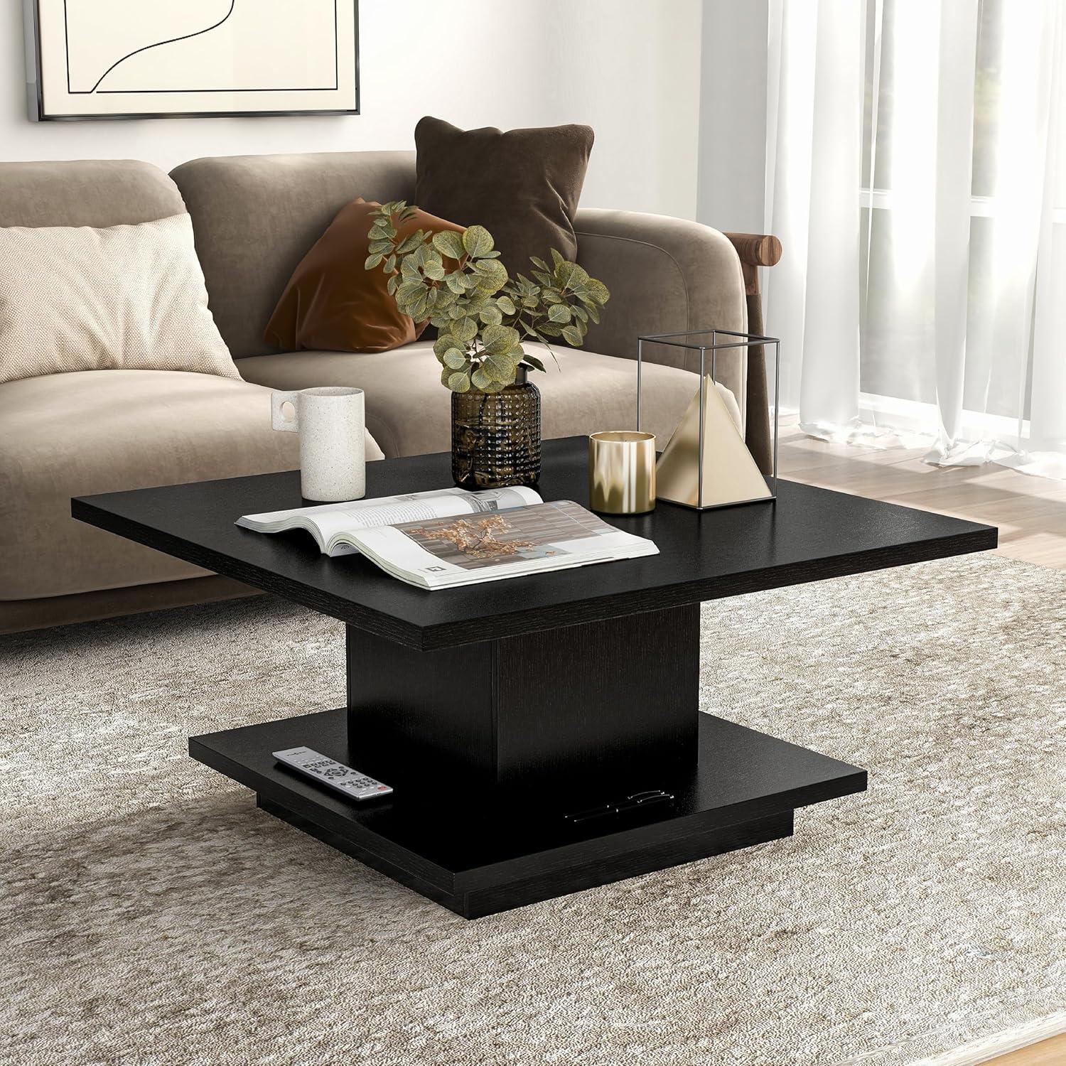 24/7 Shop at Home Lukas 31 inch Square Coffee Table with Hidden Storage and Base Shelf, Contemporary Furniture for Living Room, Home Office, Apartment, Small Space, Black