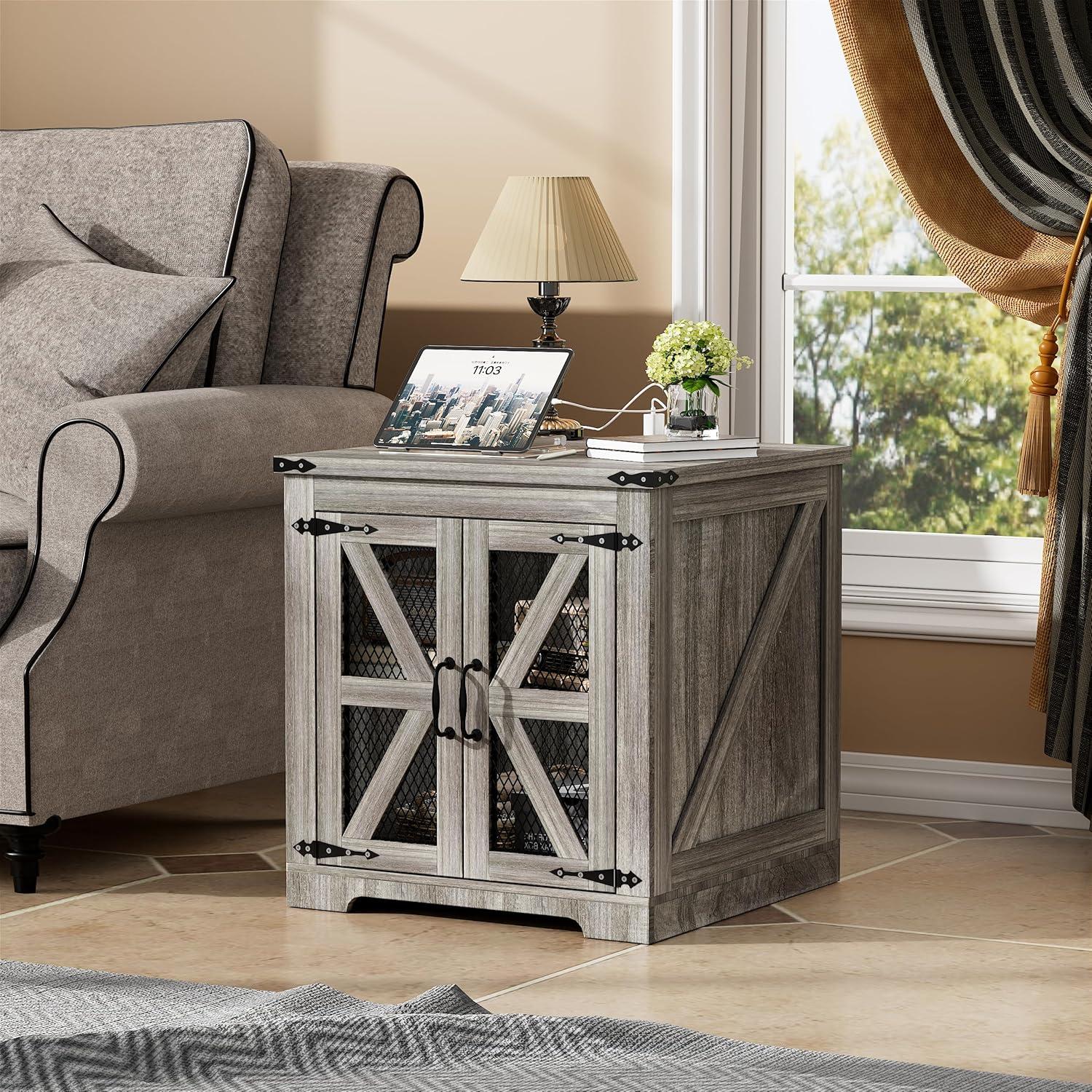 Rustic Gray Wood Farmhouse End Table with Charging Station