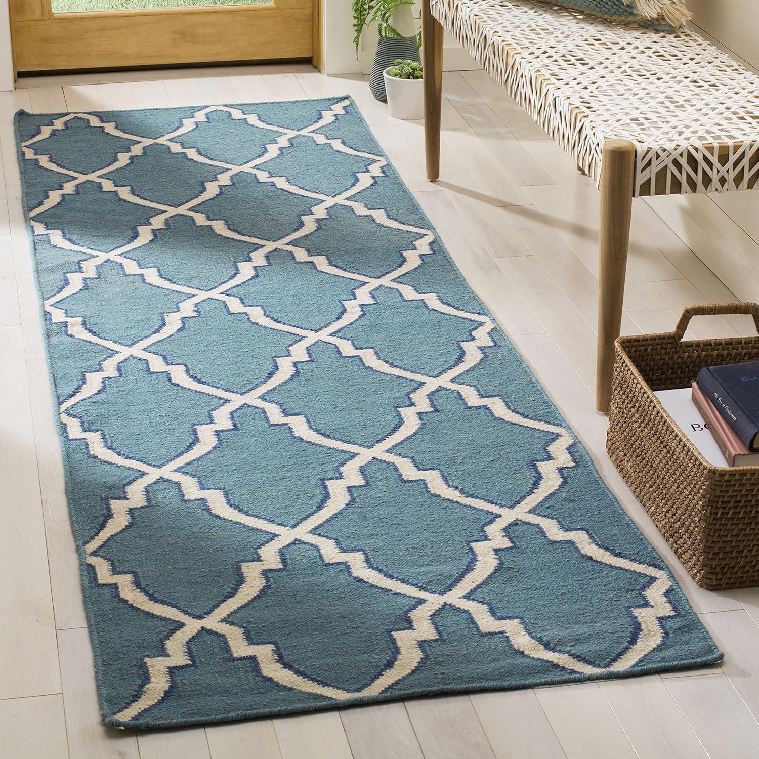 Light Blue and Ivory Wool Flatweave Runner Rug, 2'6" x 10'