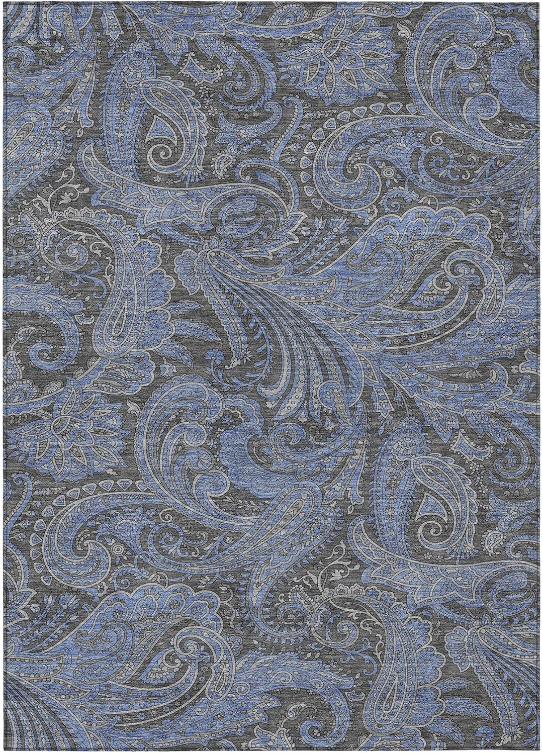 Charcoal and Blue Synthetic Washable Indoor Outdoor Rug 3' x 5'